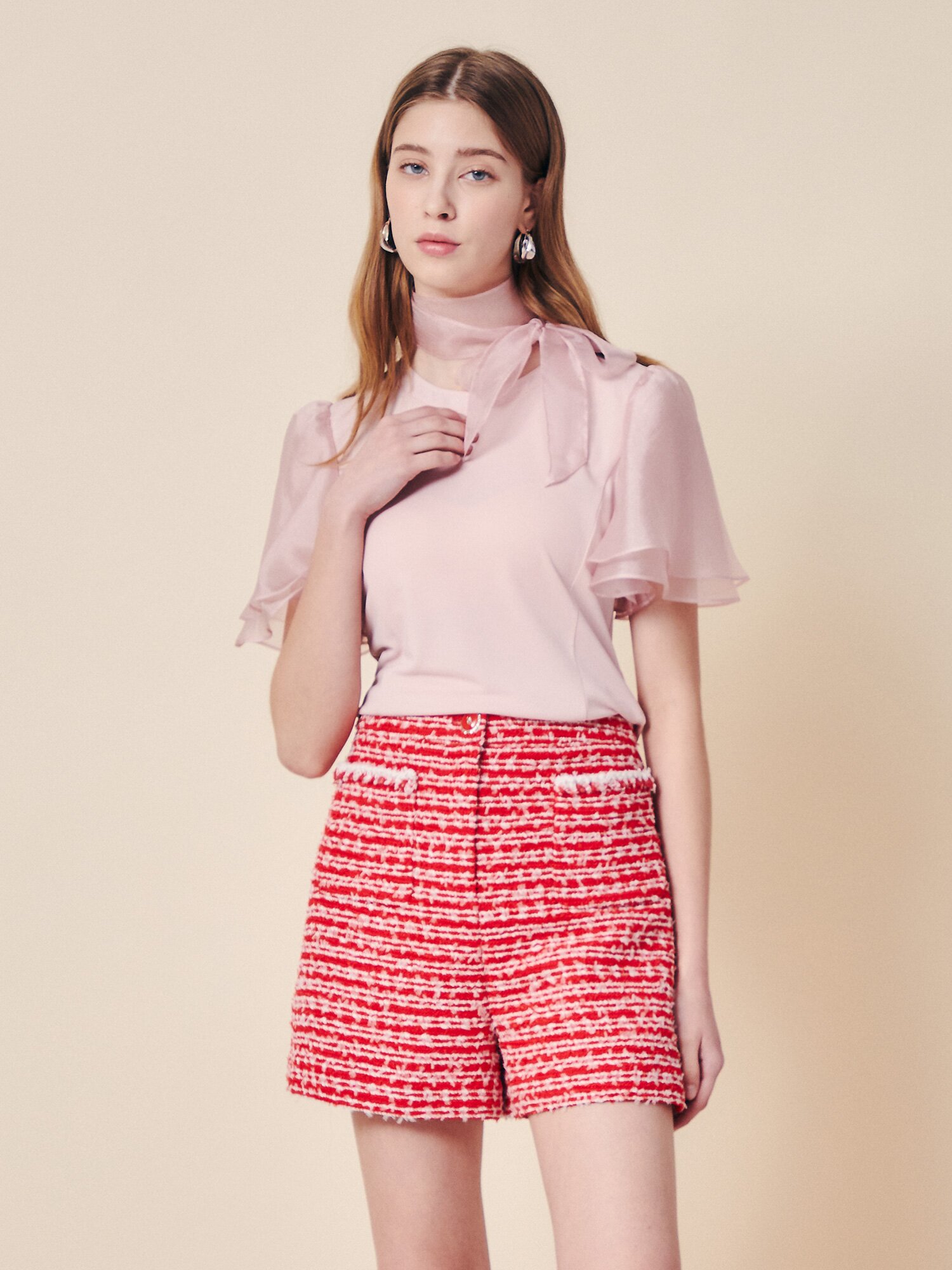 쉬머 플러터 슬리브 블라우스 (PINK)