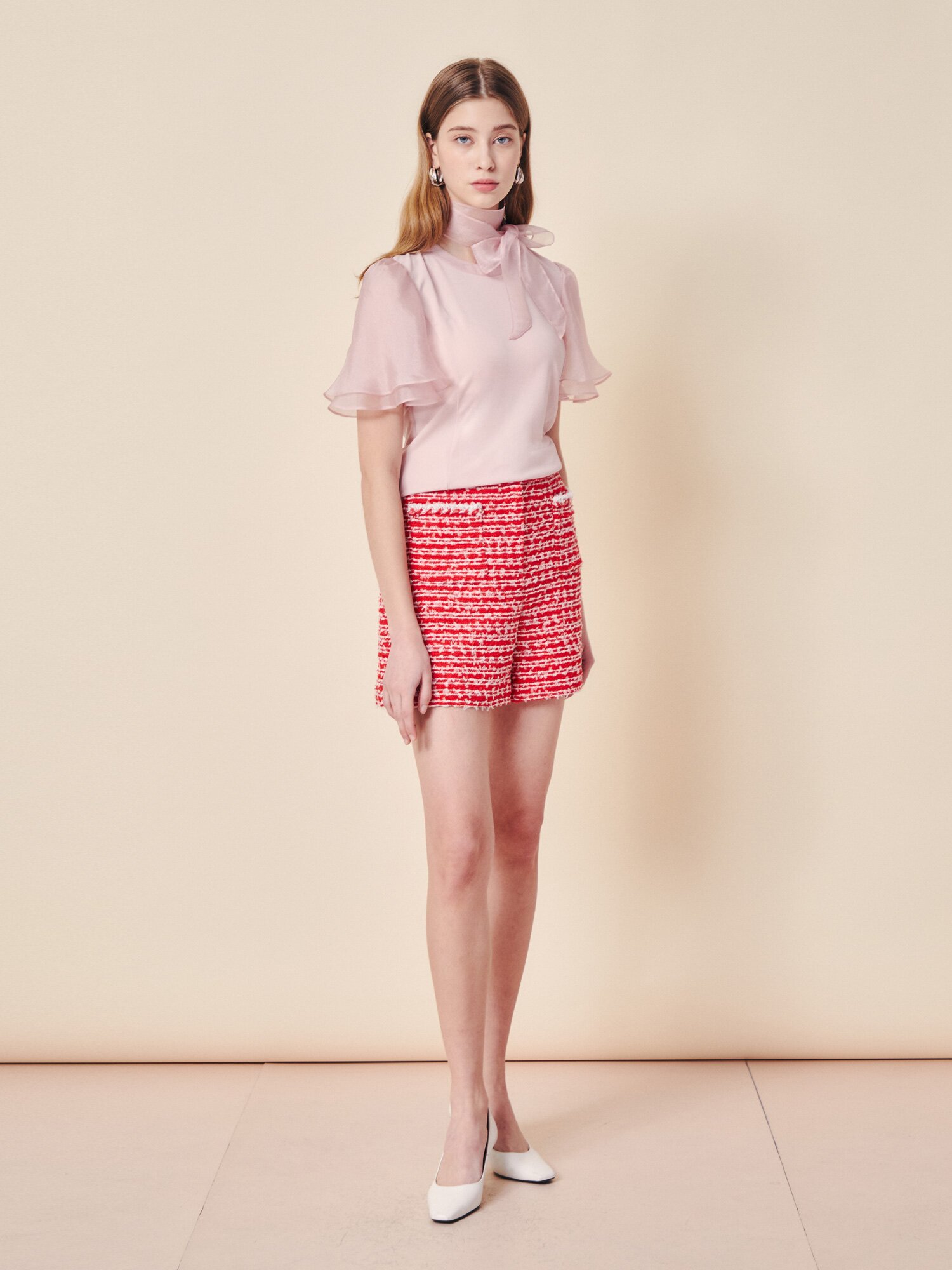 쉬머 플러터 슬리브 블라우스 (PINK)