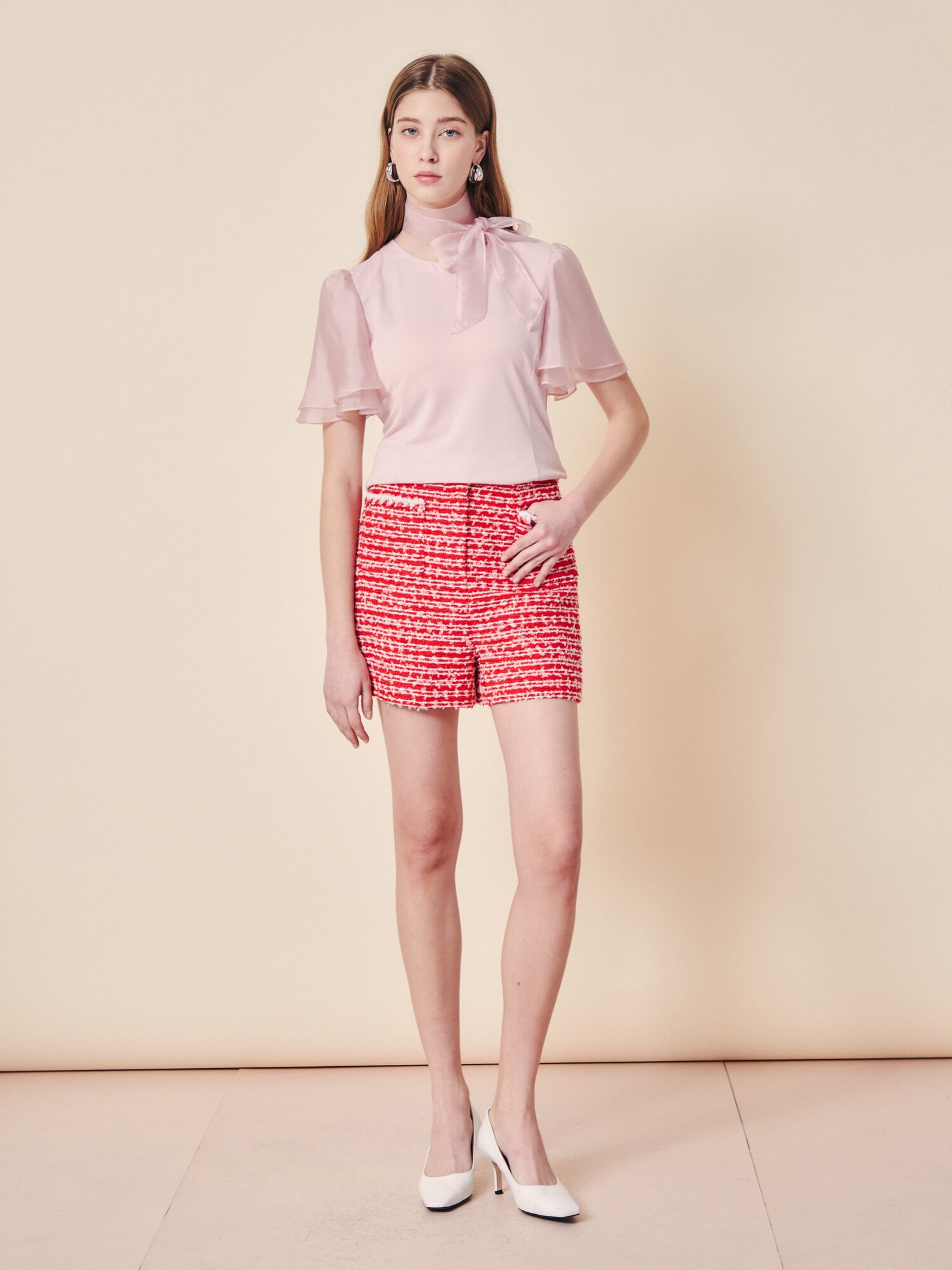 쉬머 플러터 슬리브 블라우스 (PINK)