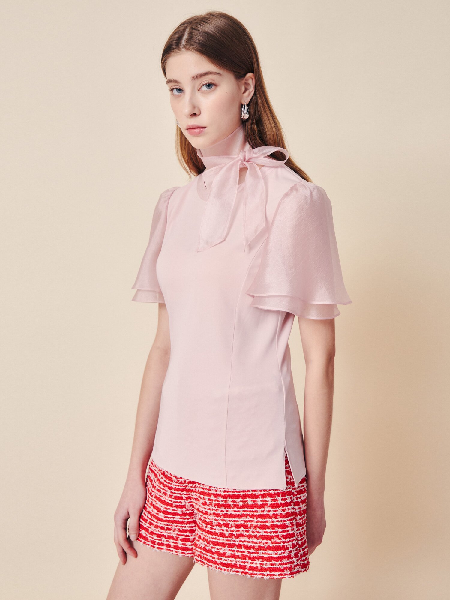 쉬머 플러터 슬리브 블라우스 (PINK)