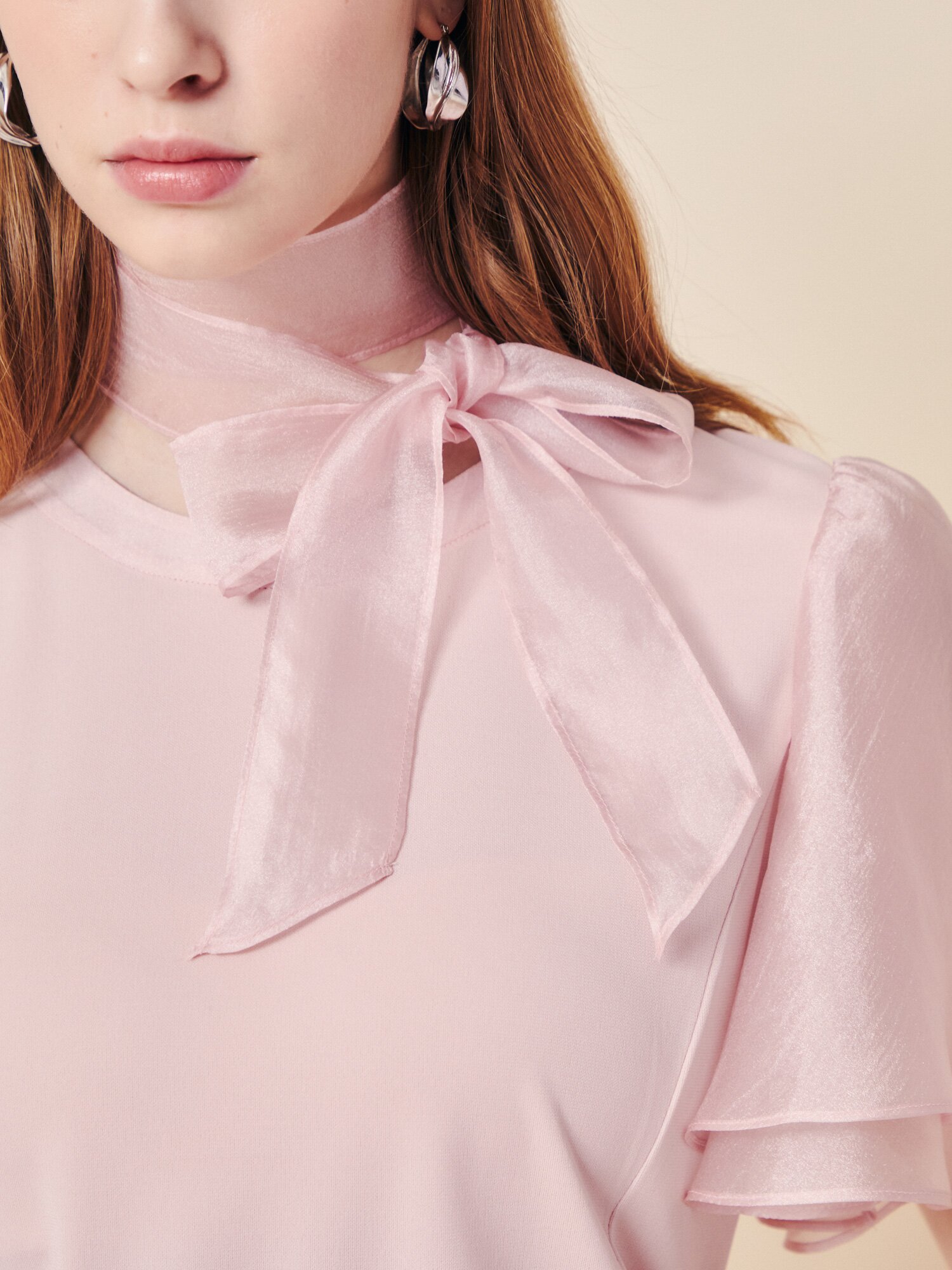 쉬머 플러터 슬리브 블라우스 (PINK)