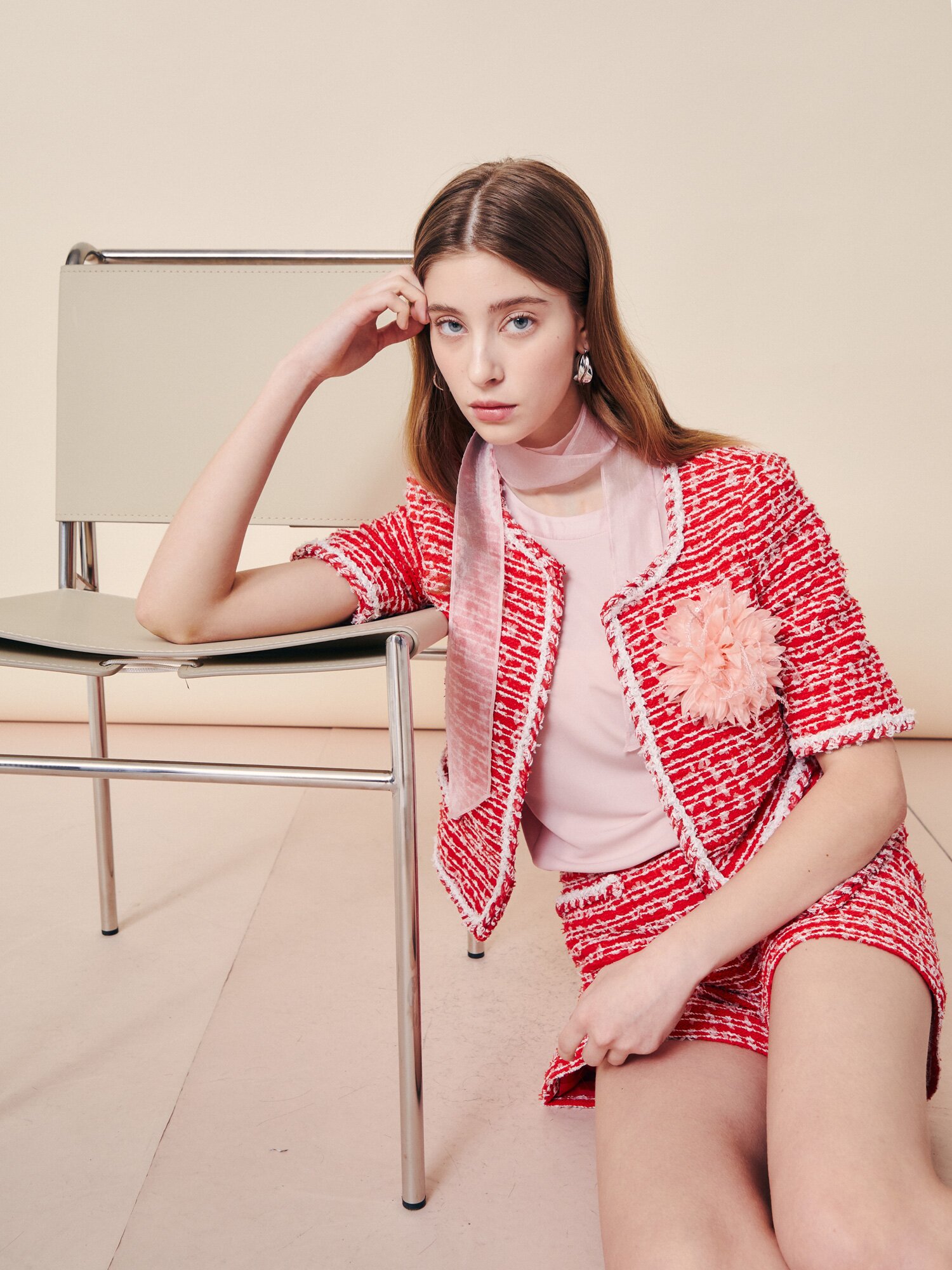 쉬머 플러터 슬리브 블라우스 (PINK)