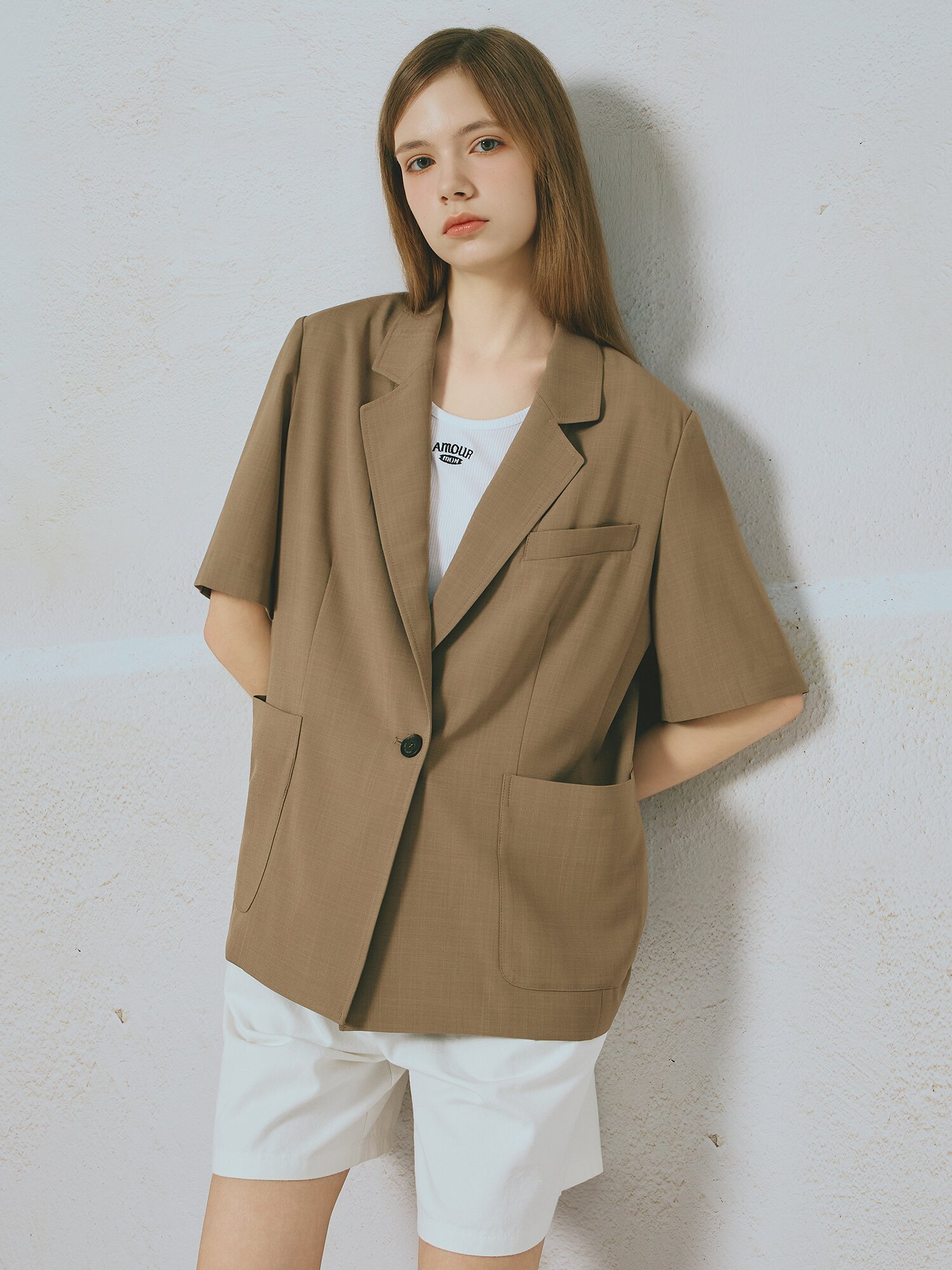 포켓 원 버튼 하프 슬리브 재킷 (BEIGE)