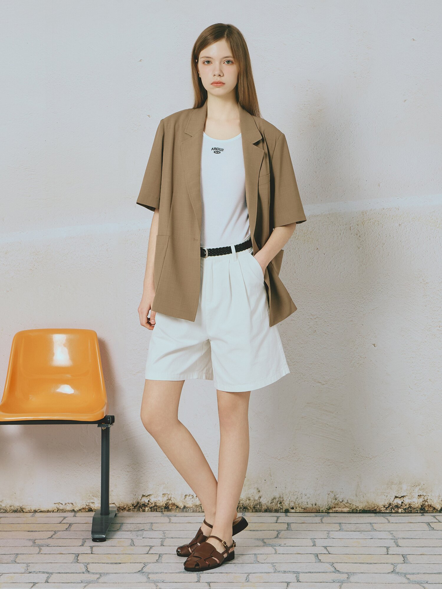 포켓 원 버튼 하프 슬리브 재킷 (BEIGE)