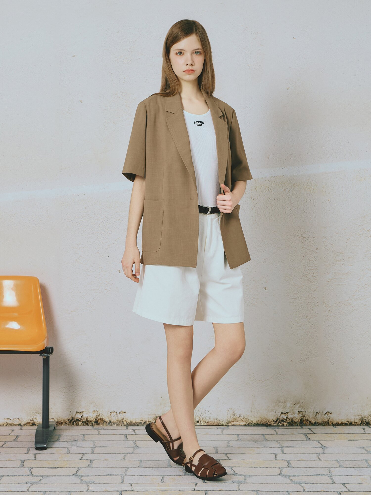 포켓 원 버튼 하프 슬리브 재킷 (BEIGE)