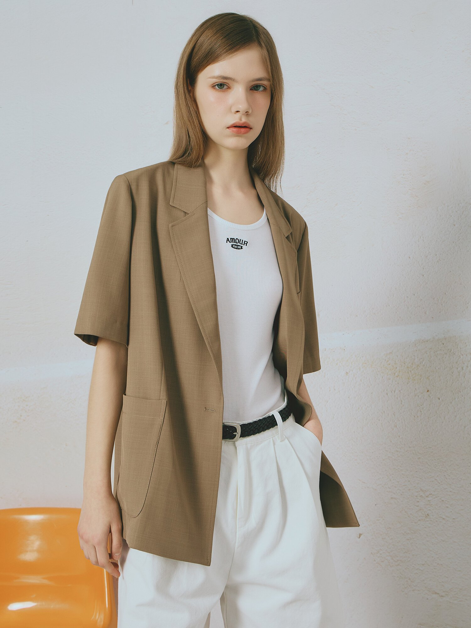 포켓 원 버튼 하프 슬리브 재킷 (BEIGE)