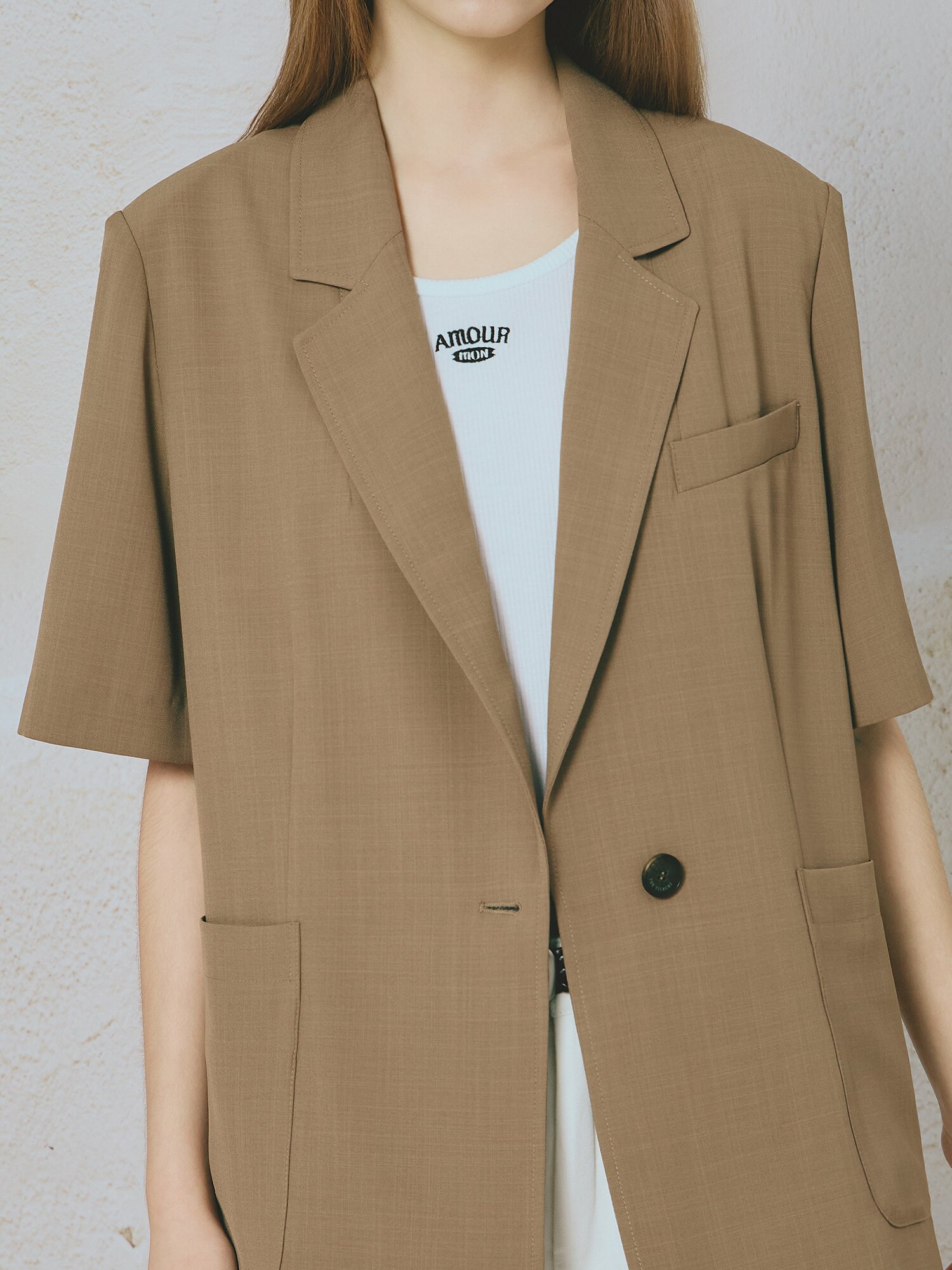 포켓 원 버튼 하프 슬리브 재킷 (BEIGE)