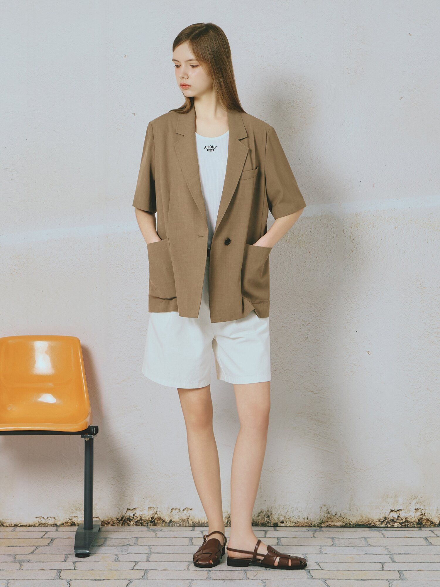 포켓 원 버튼 하프 슬리브 재킷 (BEIGE)