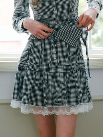 Cest_Check lace shirring skirt
