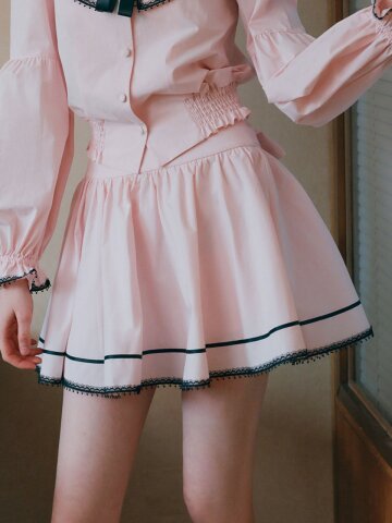 Cest_Pink ribbon shirring skirt