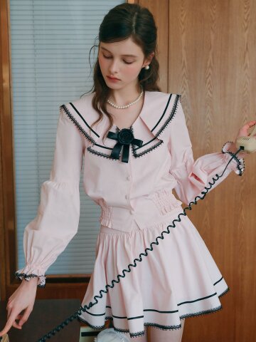 Cest_Pink sailor collar puff sleeve blouse