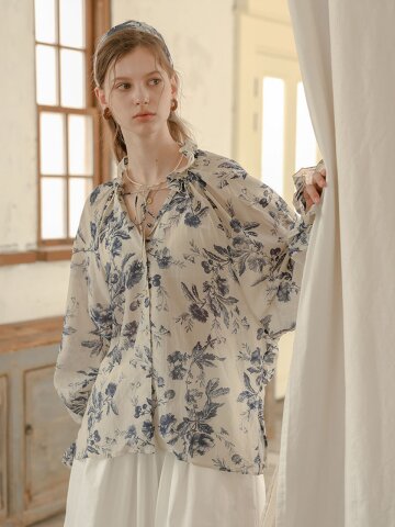 PM_Floral pattern tie neck shirt_GRAY