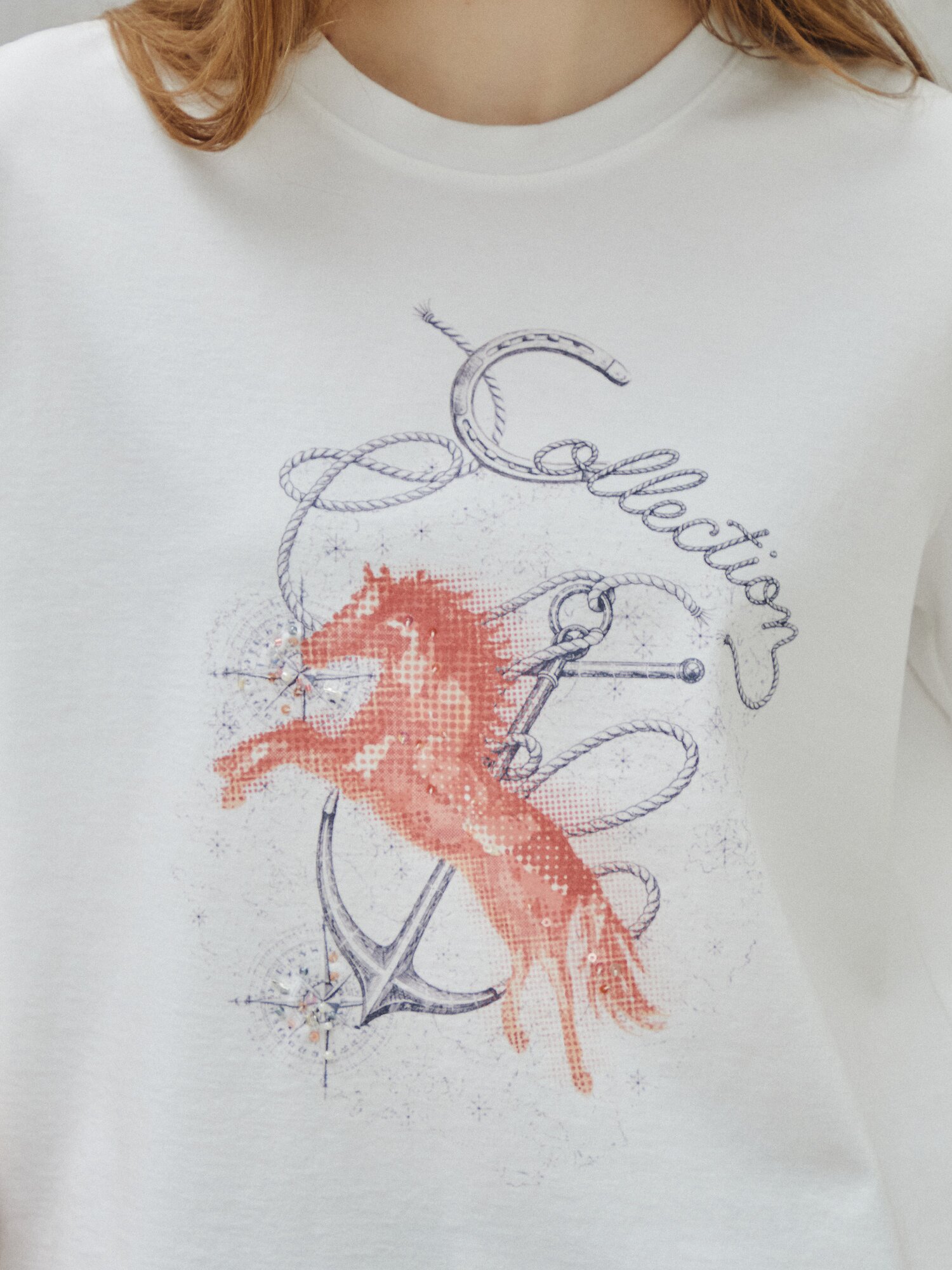 시퀸 비딩 아트워크 코튼 티셔츠 (WHITE)