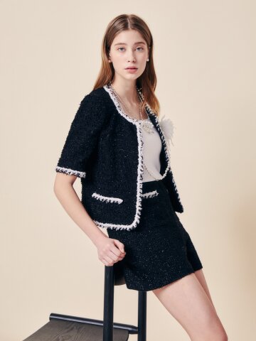 프렌치 트위드 코사지 크롭 재킷 