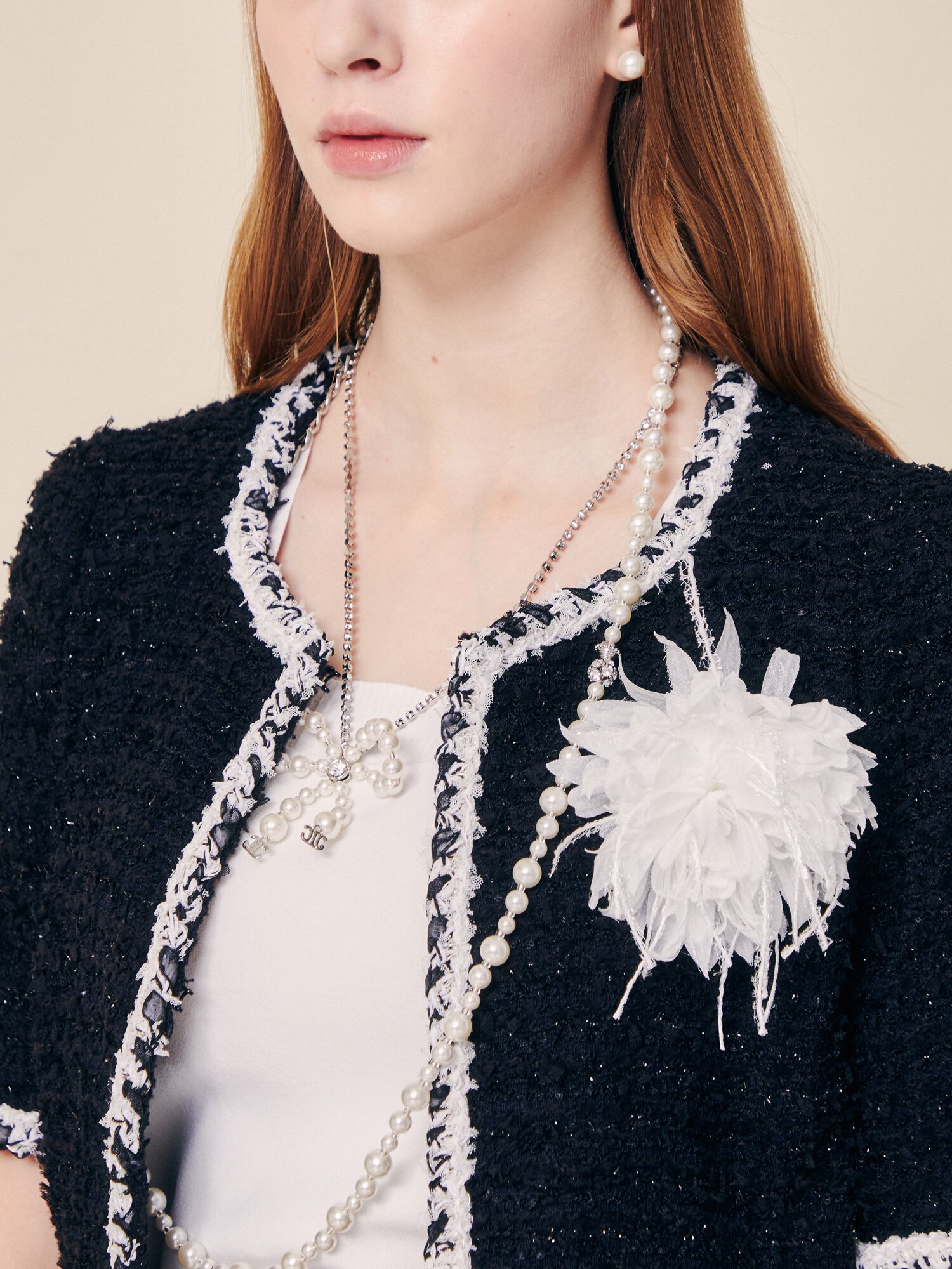 프렌치 트위드 코사지 크롭 재킷 (BLACK)