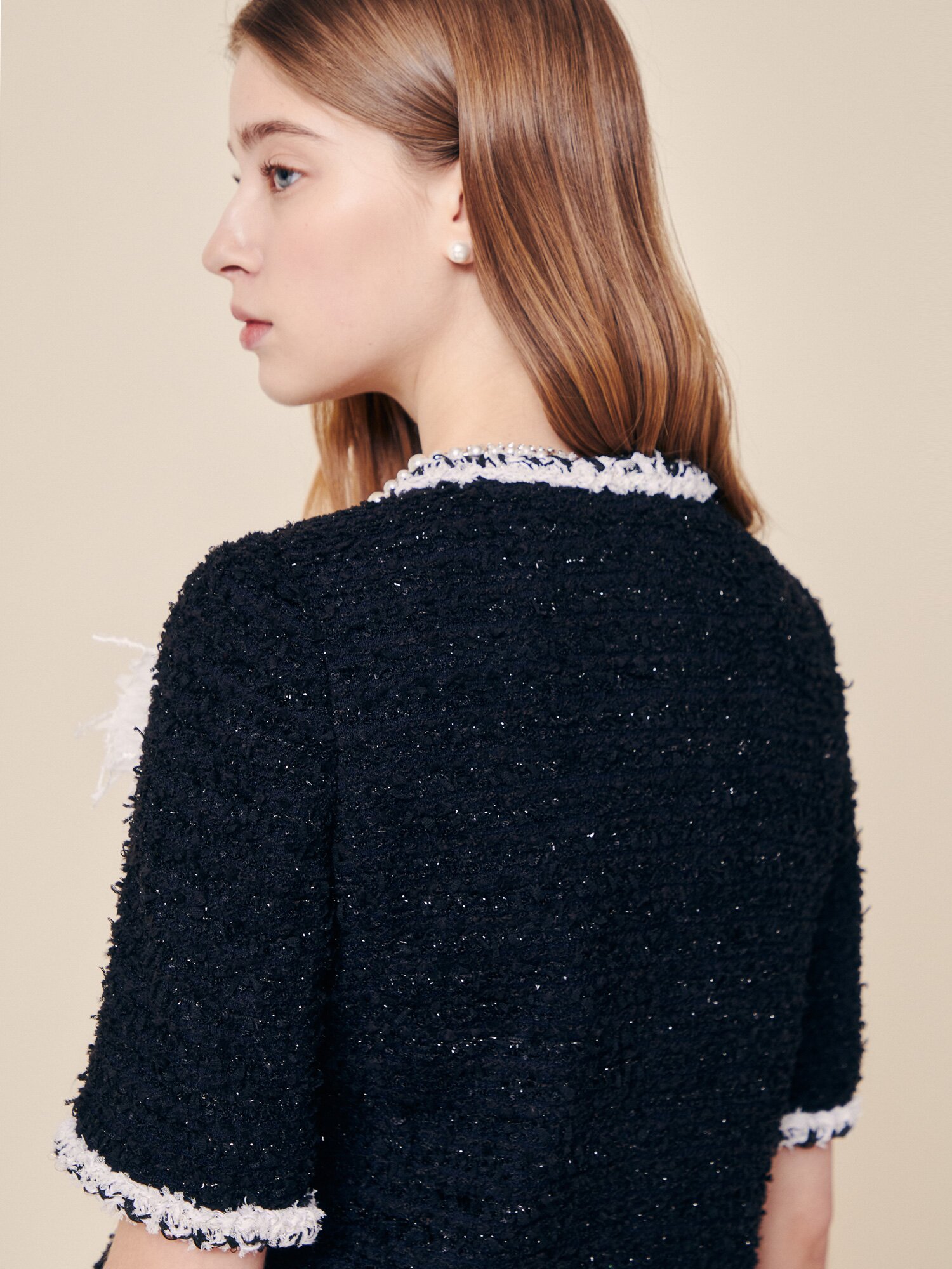 프렌치 트위드 코사지 크롭 재킷 (BLACK)