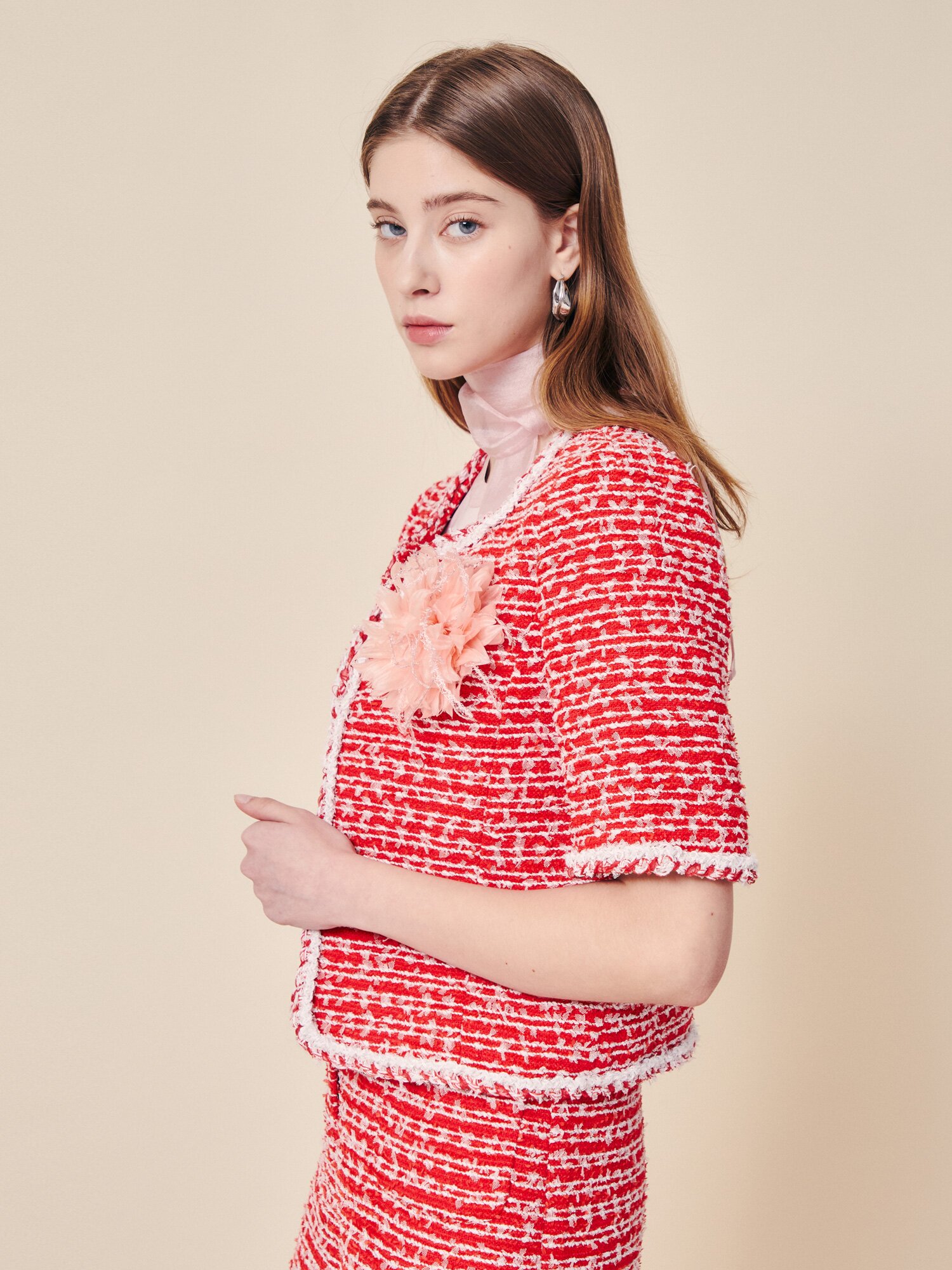 프렌치 트위드 코사지 크롭 재킷 (RED)