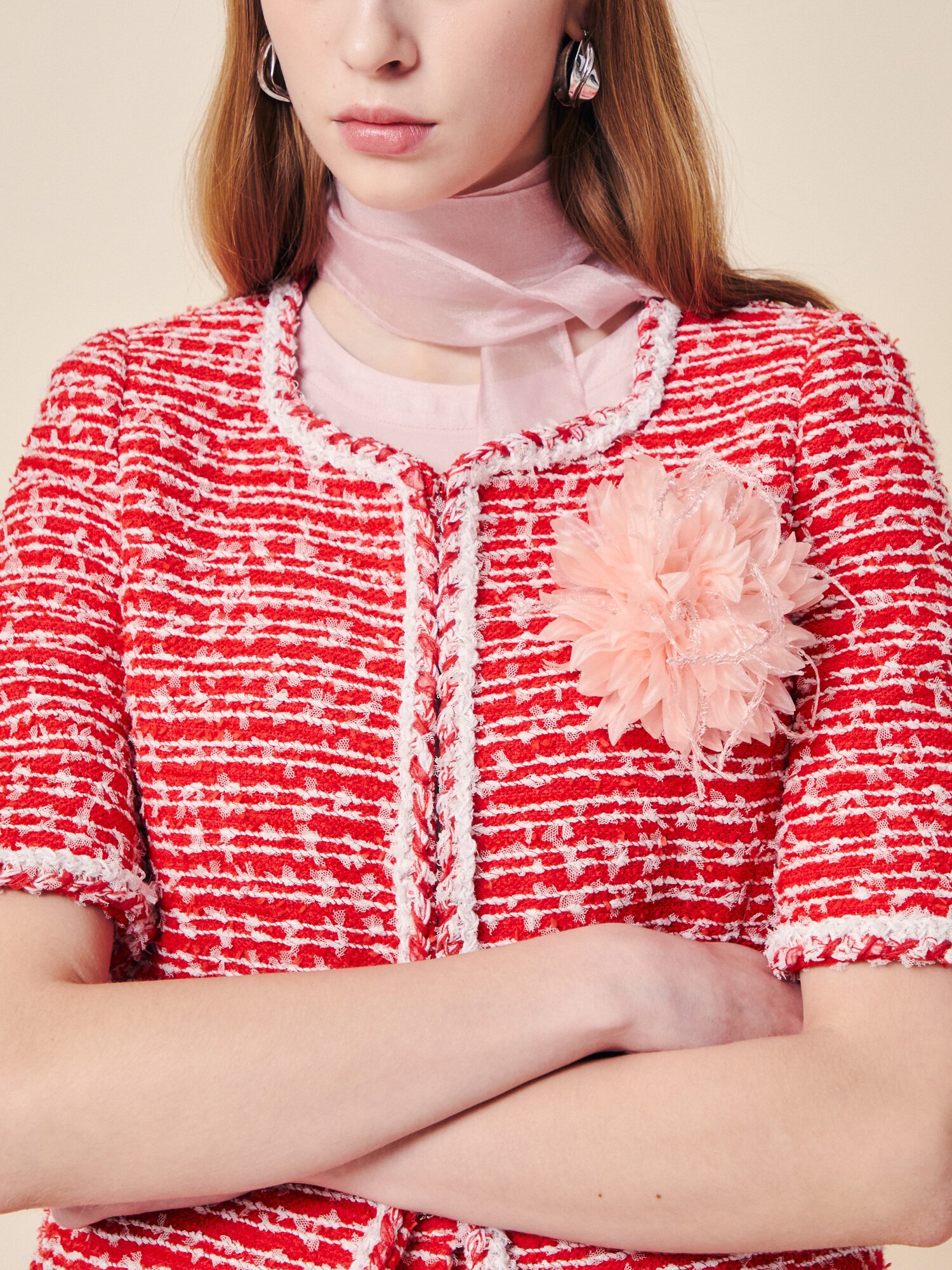 프렌치 트위드 코사지 크롭 재킷 (RED)