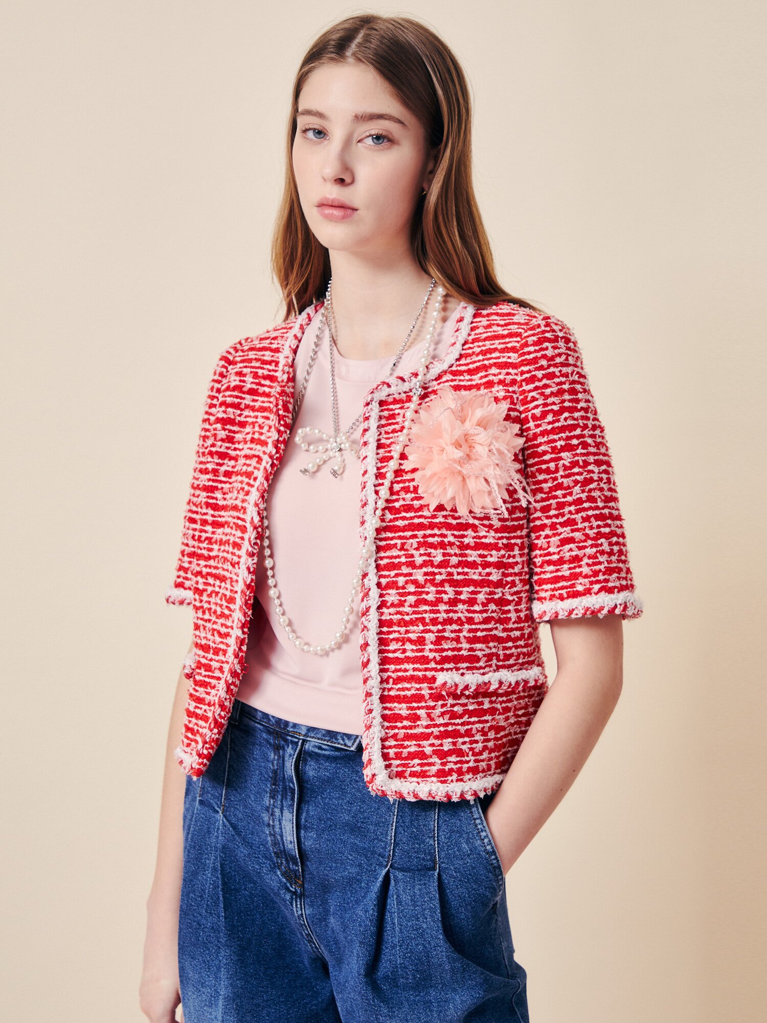프렌치 트위드 코사지 크롭 재킷 (RED)
