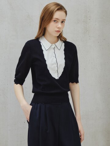 스캘럽 카라 메시 레이어드 니트 