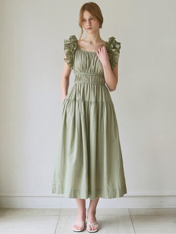Ruffle line sleeveless dress - Khaki