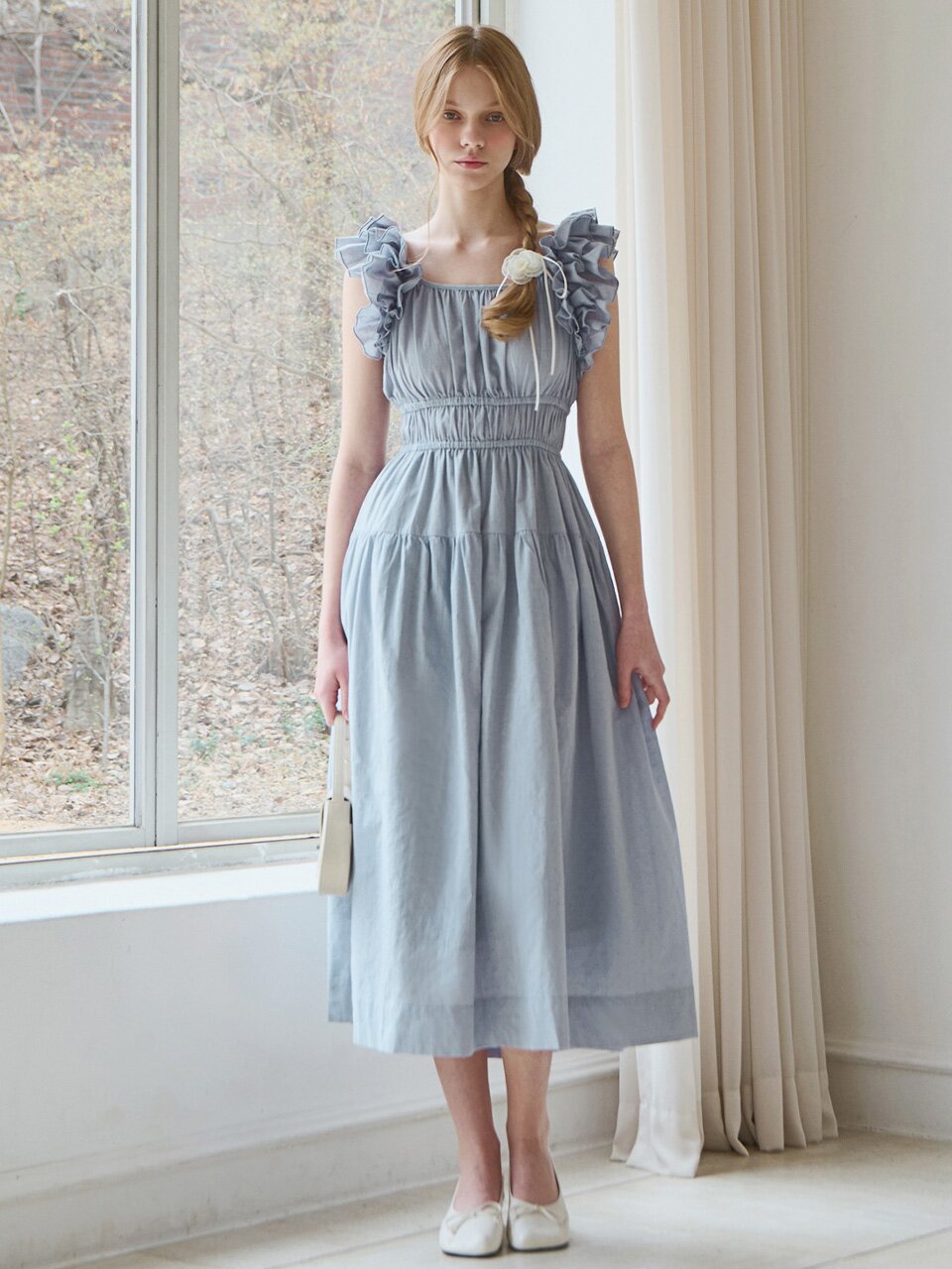 Ruffle line sleeveless dress - Dusty blue