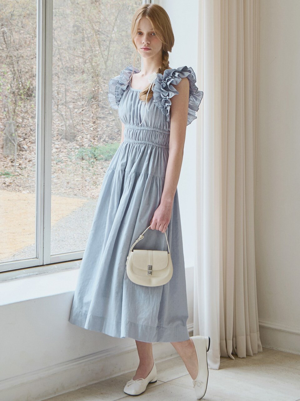 Ruffle line sleeveless dress - Dusty blue
