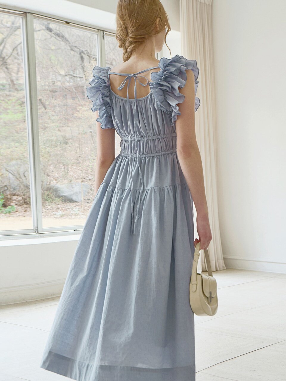 Ruffle line sleeveless dress - Dusty blue