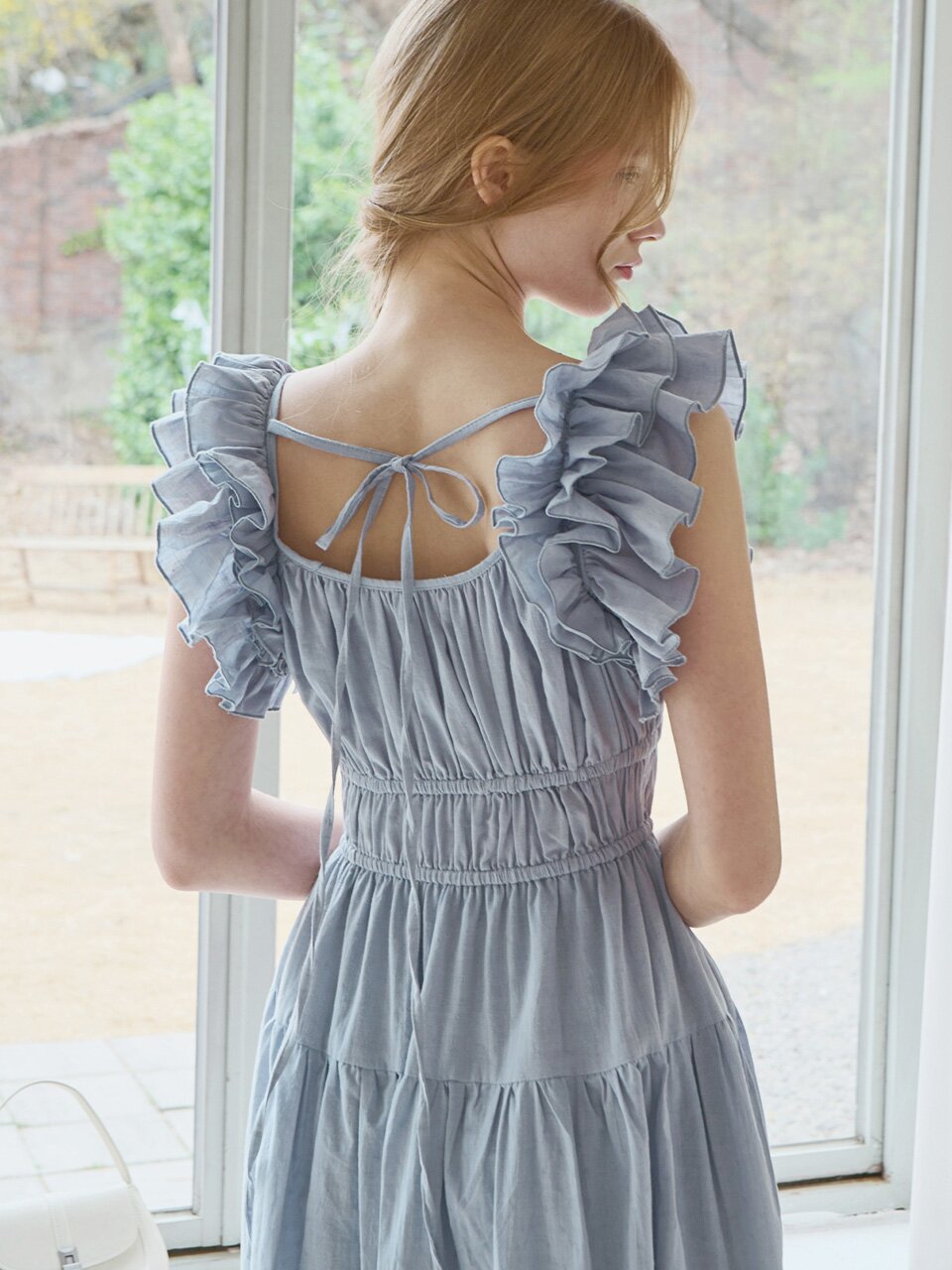 Ruffle line sleeveless dress - Dusty blue