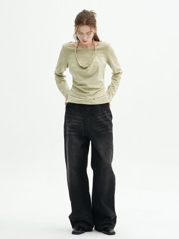 익스라 브러쉬 워싱 와이드 데님 팬츠