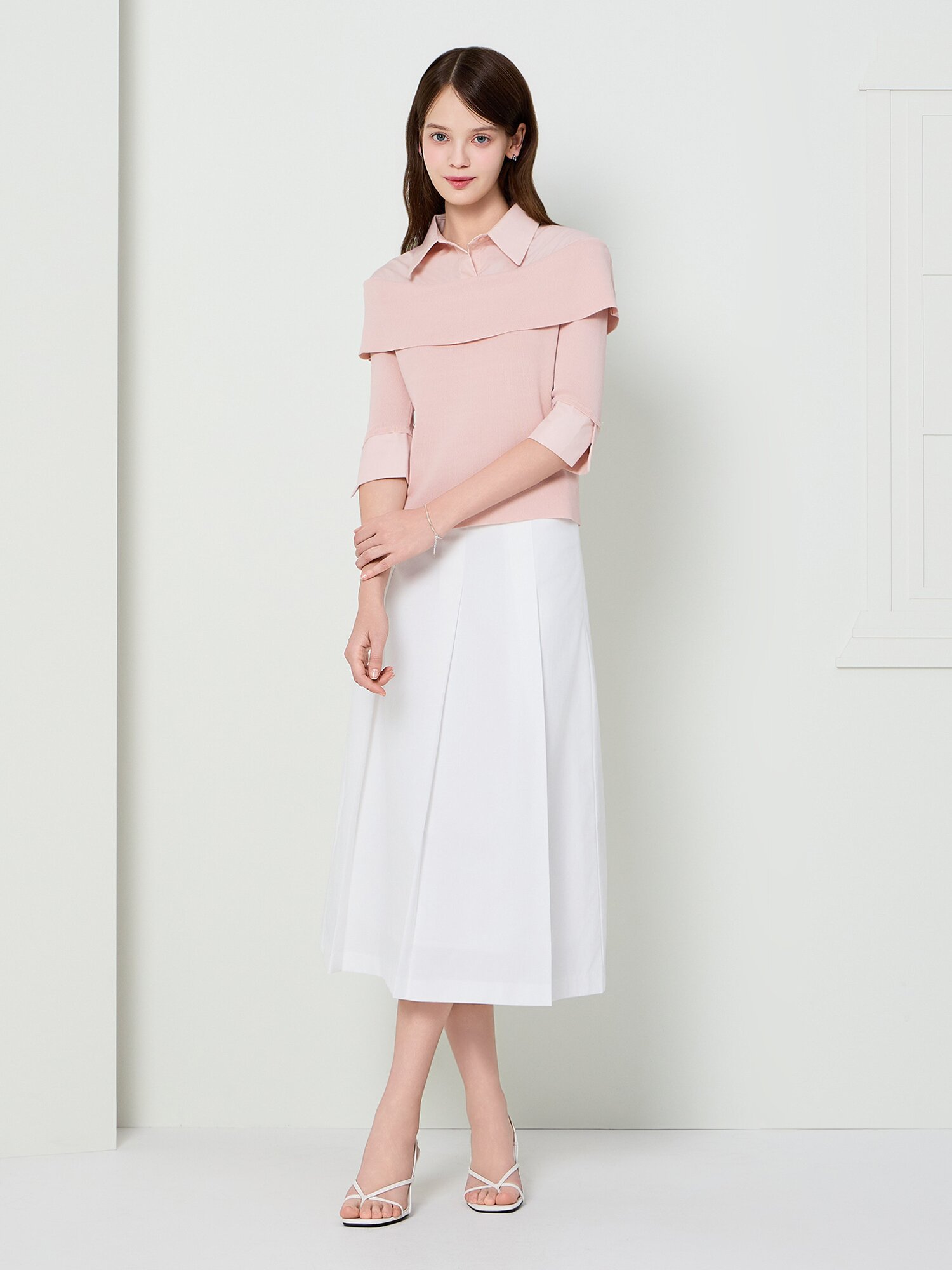 백 리본 플리츠 미디 스커트 (WHITE)