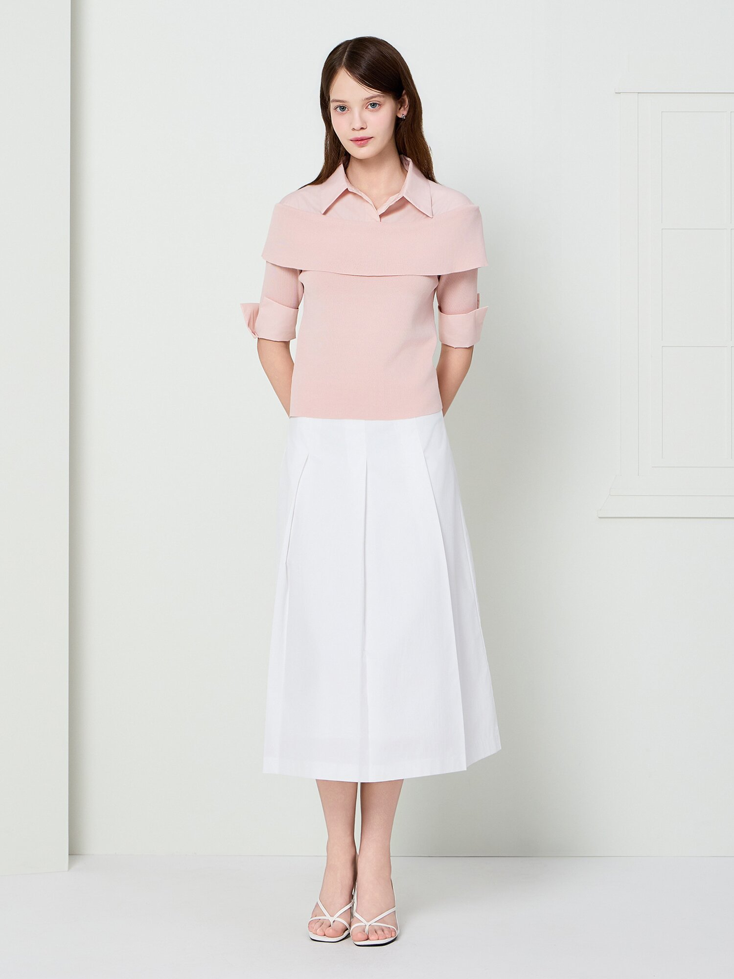 백 리본 플리츠 미디 스커트 (WHITE)