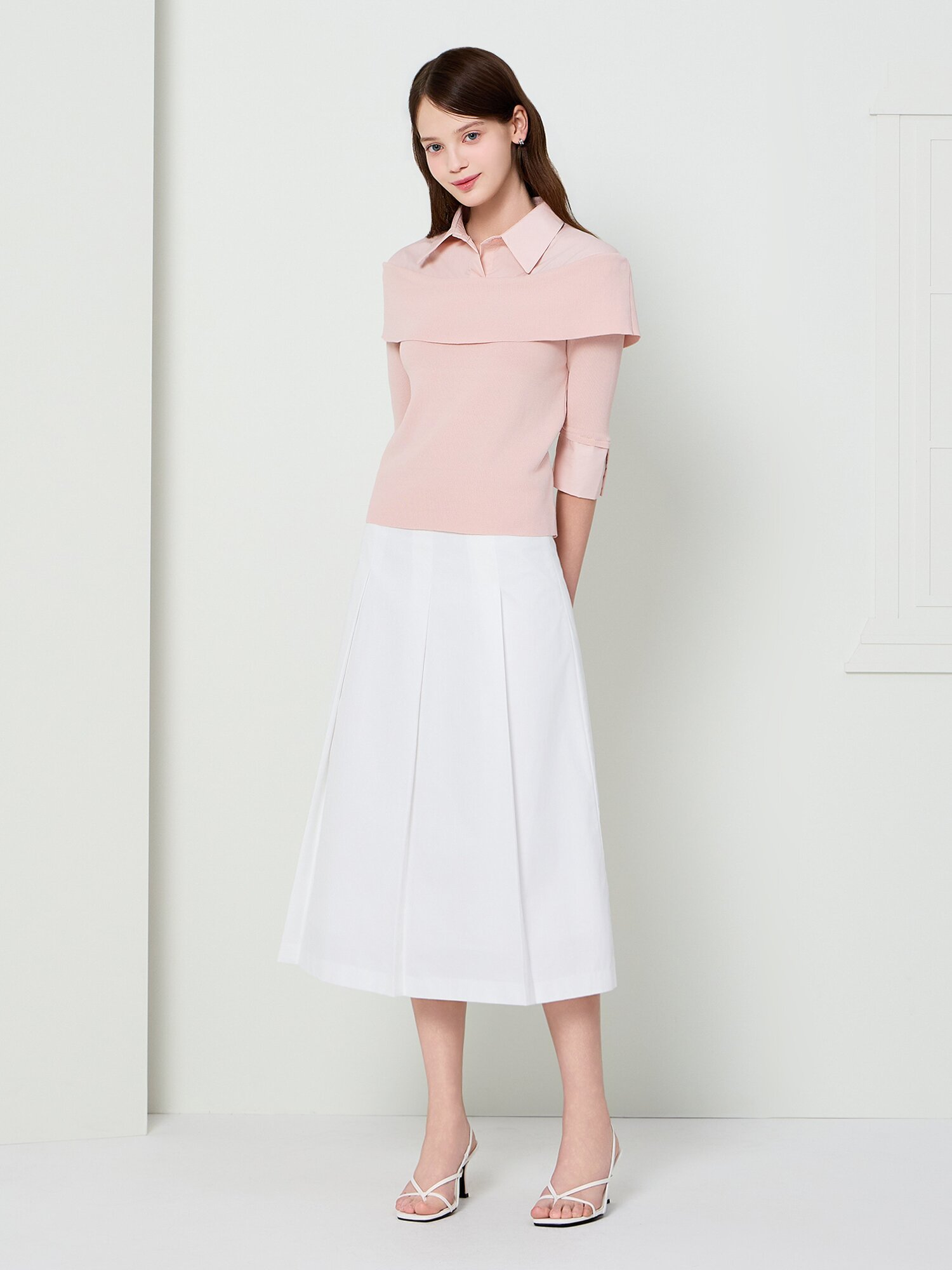 백 리본 플리츠 미디 스커트 (WHITE)