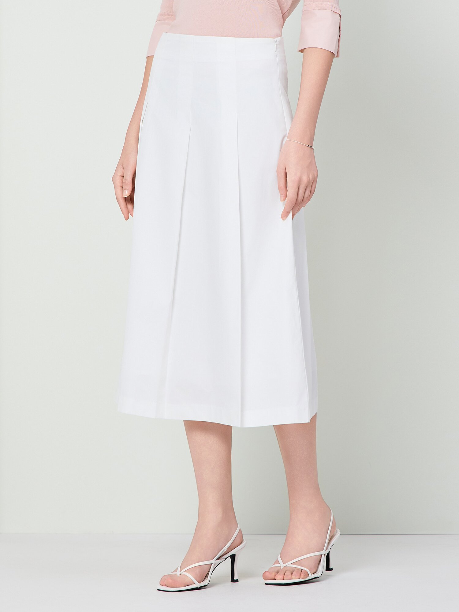 백 리본 플리츠 미디 스커트 (WHITE)