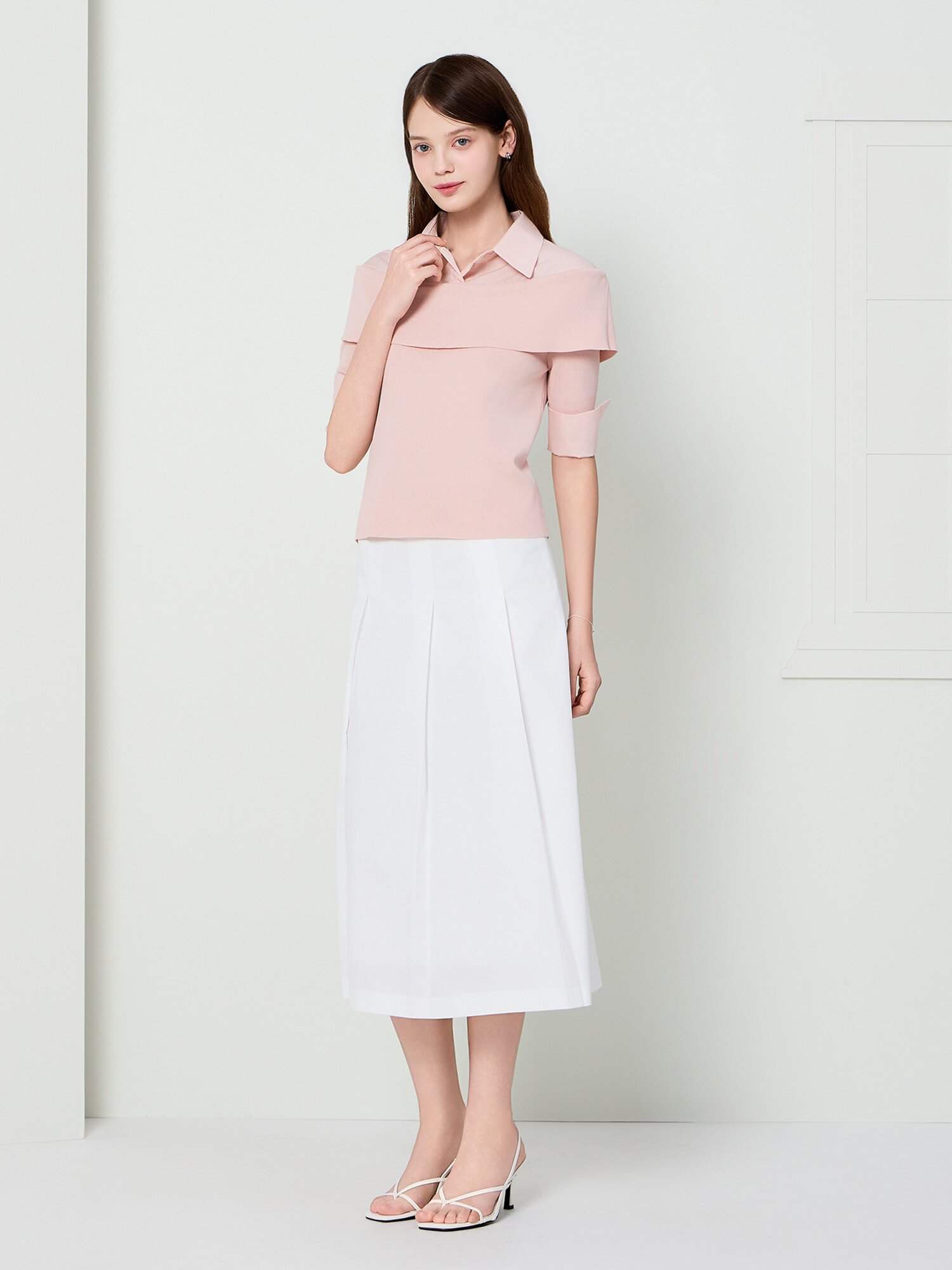 백 리본 플리츠 미디 스커트 (WHITE)