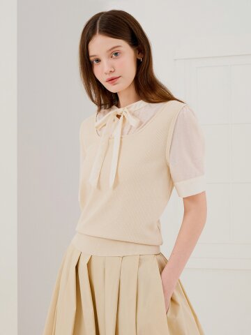 니트 배색 리본넥 블라우스 