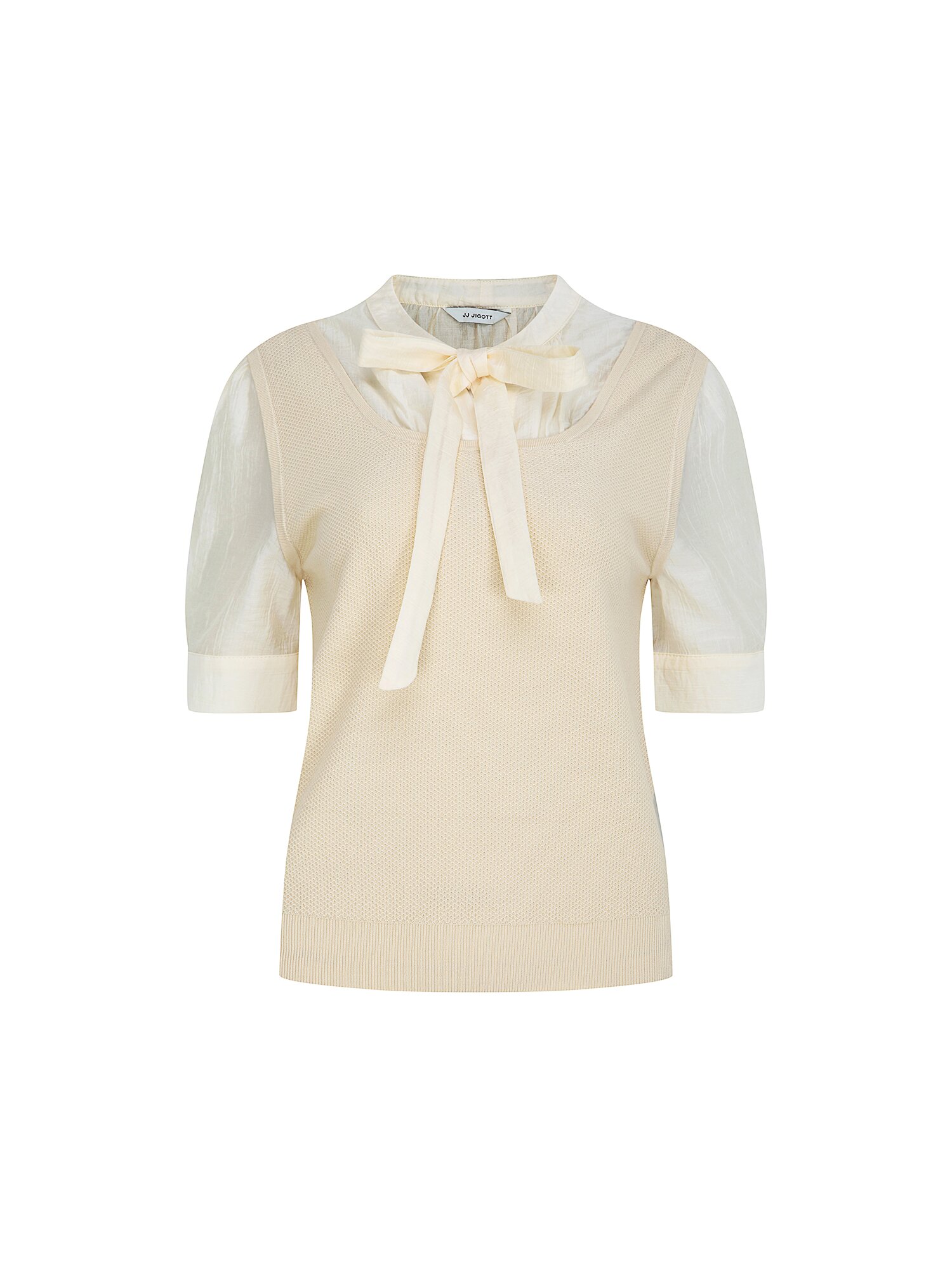 니트 배색 리본넥 블라우스 (BEIGE)