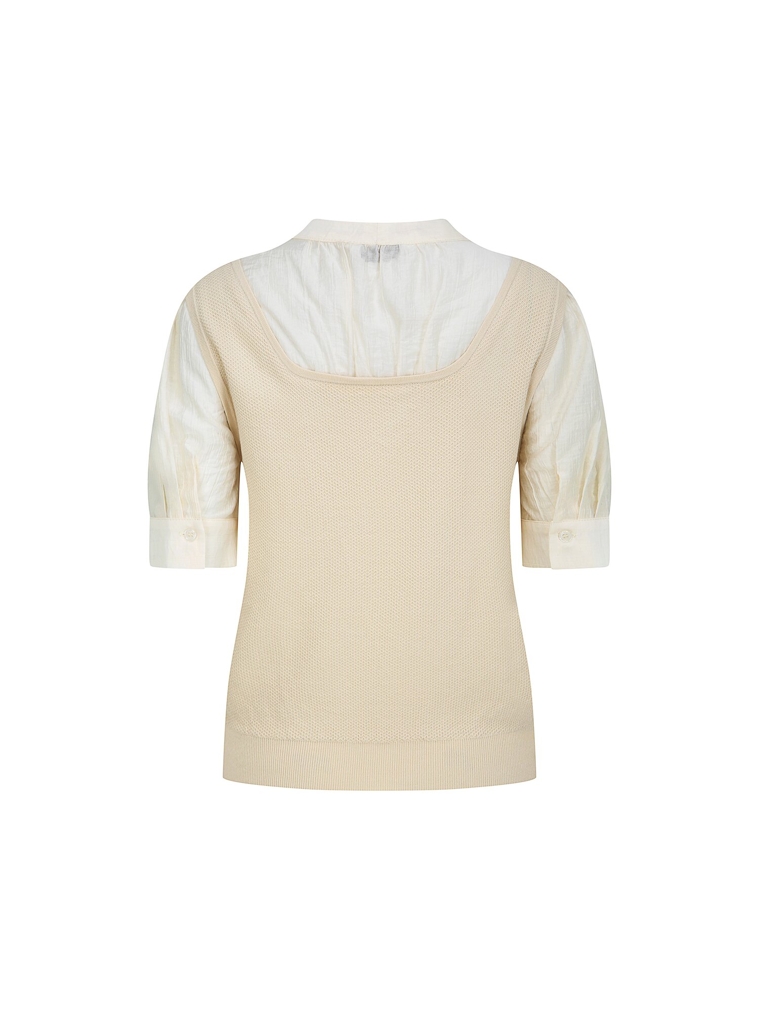 니트 배색 리본넥 블라우스 (BEIGE)