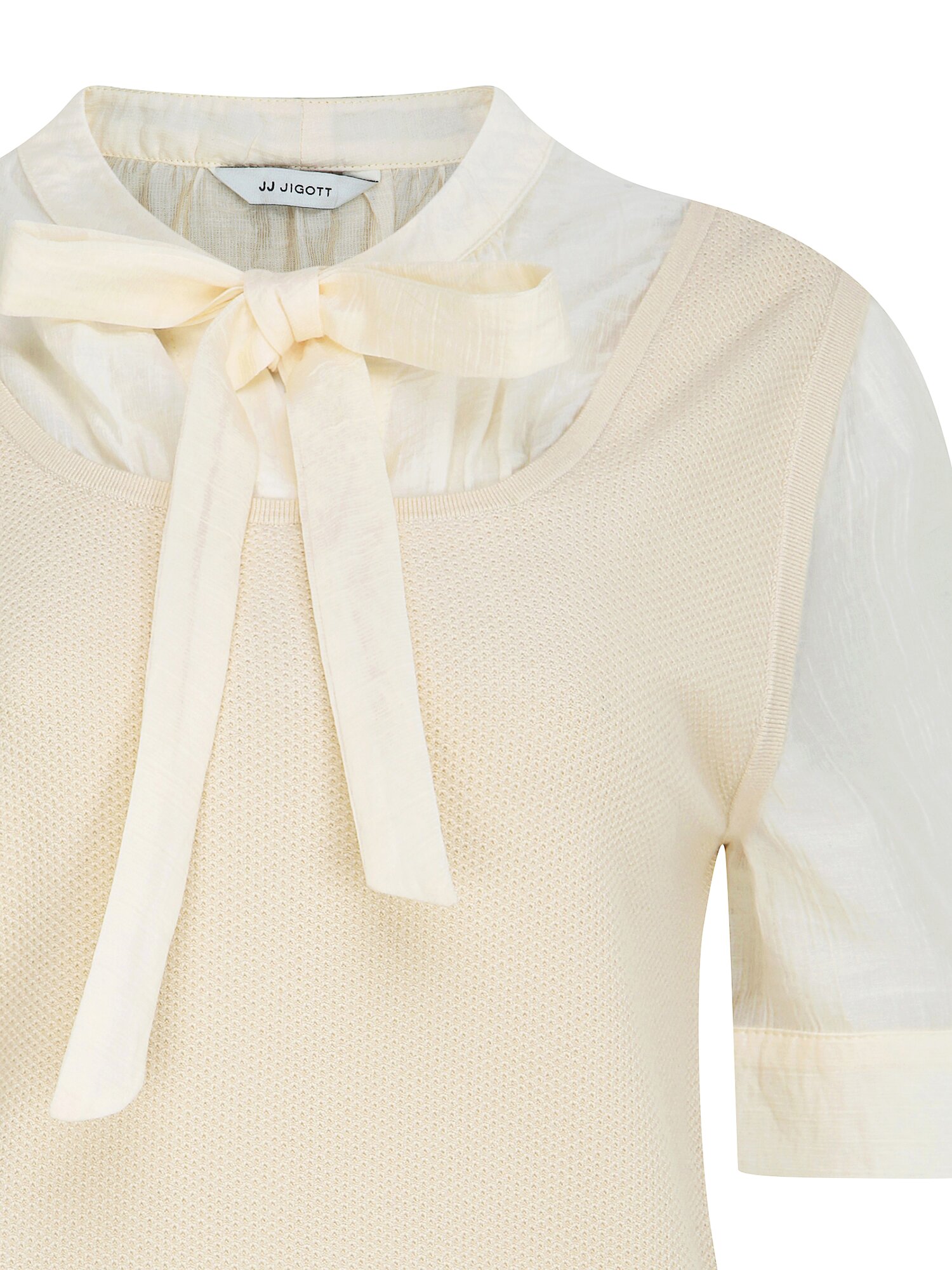 니트 배색 리본넥 블라우스 (BEIGE)