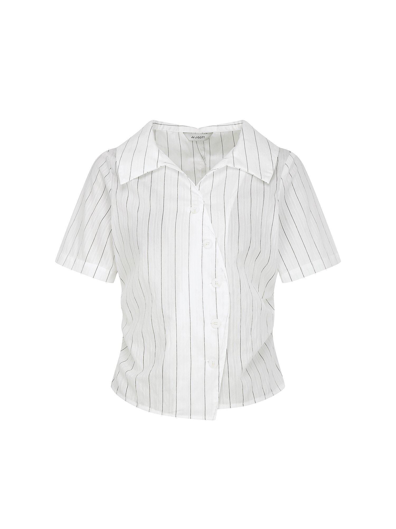 언밸런스 오픈 칼라 크롭 블라우스 (WHITE STRIPE)