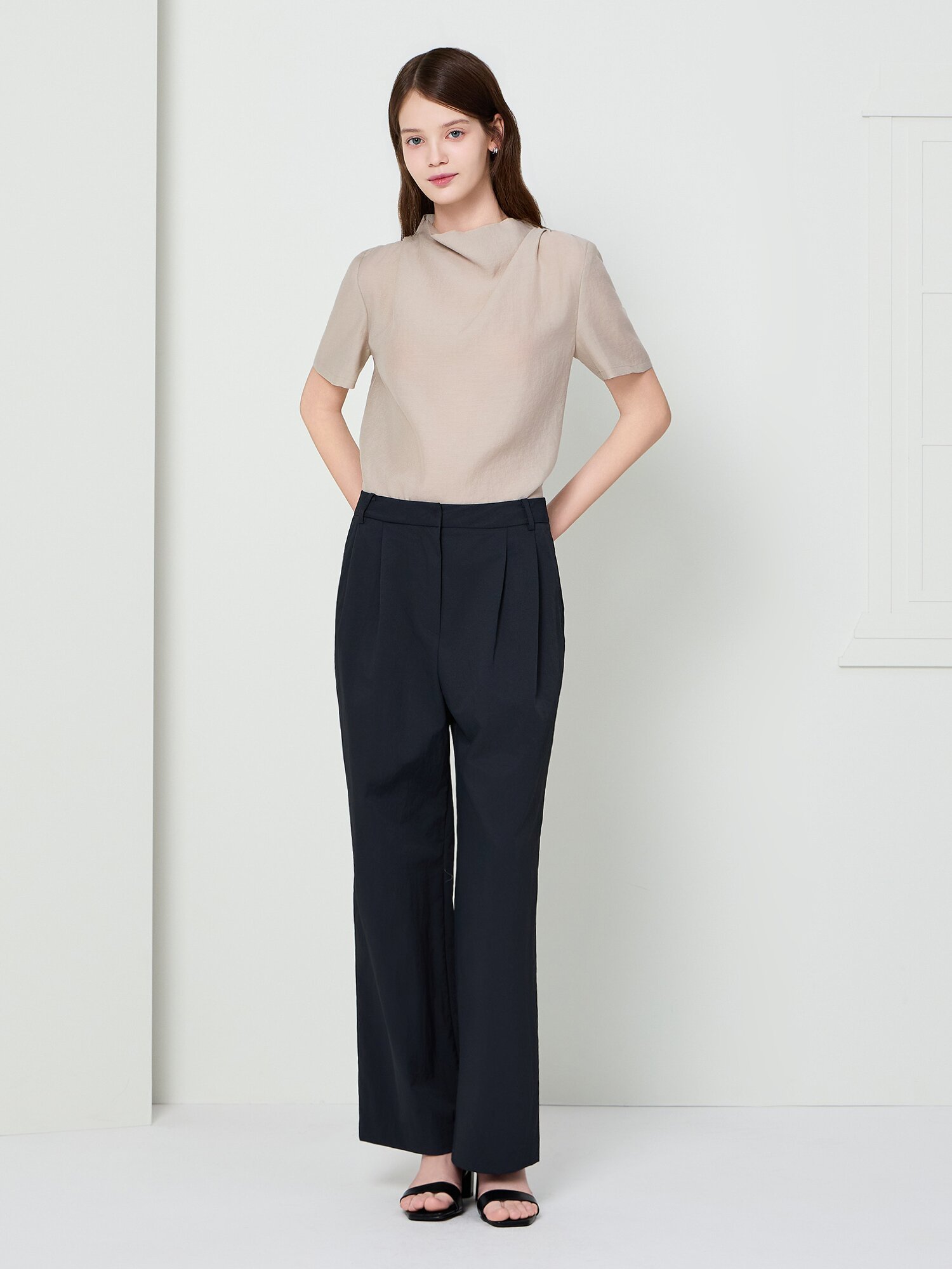 하이 웨이스트 투턱 와이드 팬츠 (DARK GREY)