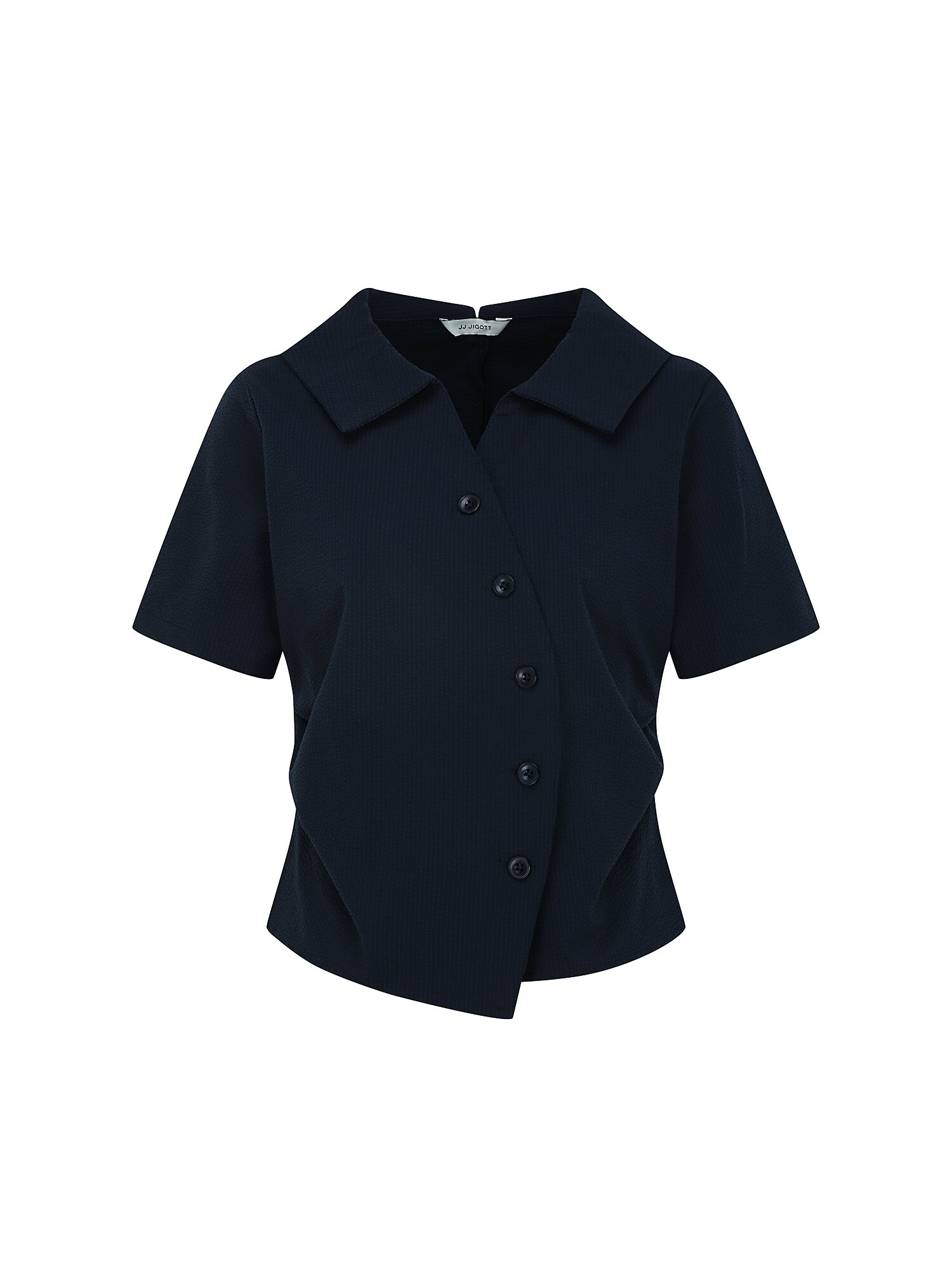 언밸런스 오픈 칼라 크롭 블라우스 (NAVY)