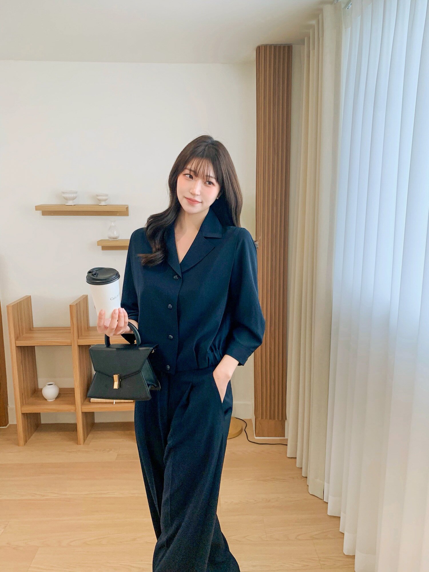 포멀 숄더 턱 오픈 칼라 재킷 (DARK NAVY)