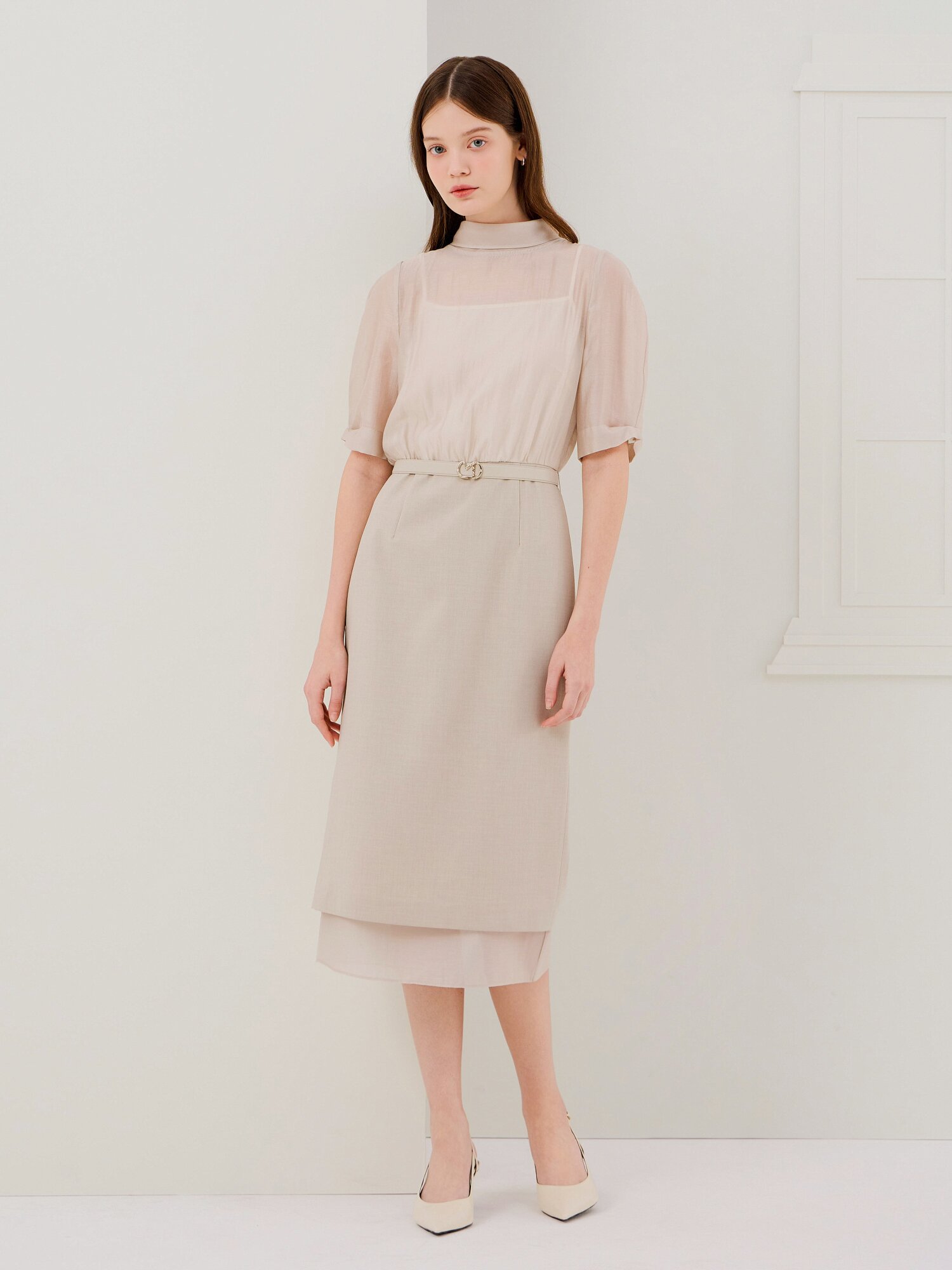 시스루 배색 H라인 원피스 (MELANGE GREY)