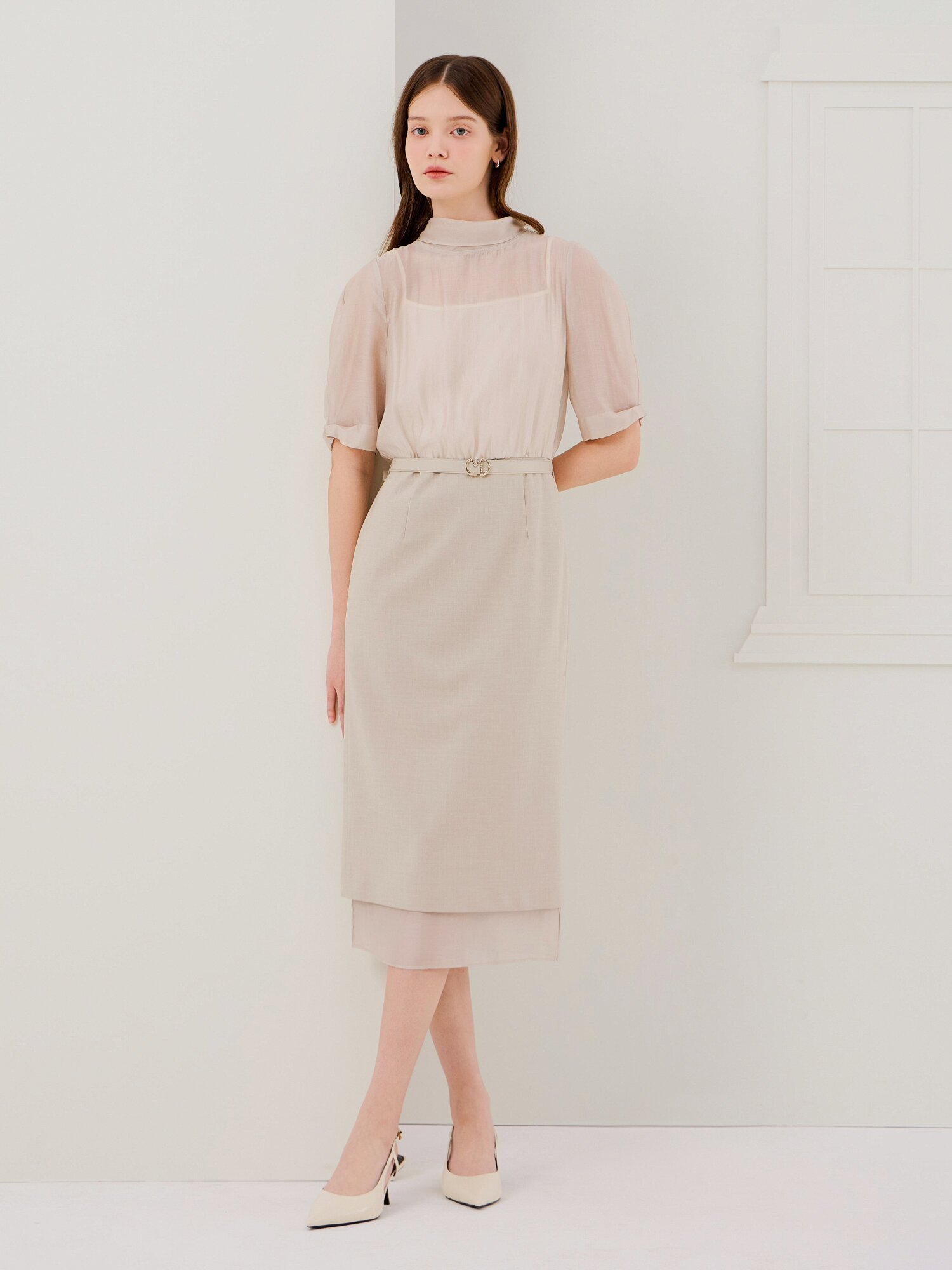 시스루 배색 H라인 원피스 (MELANGE GREY)