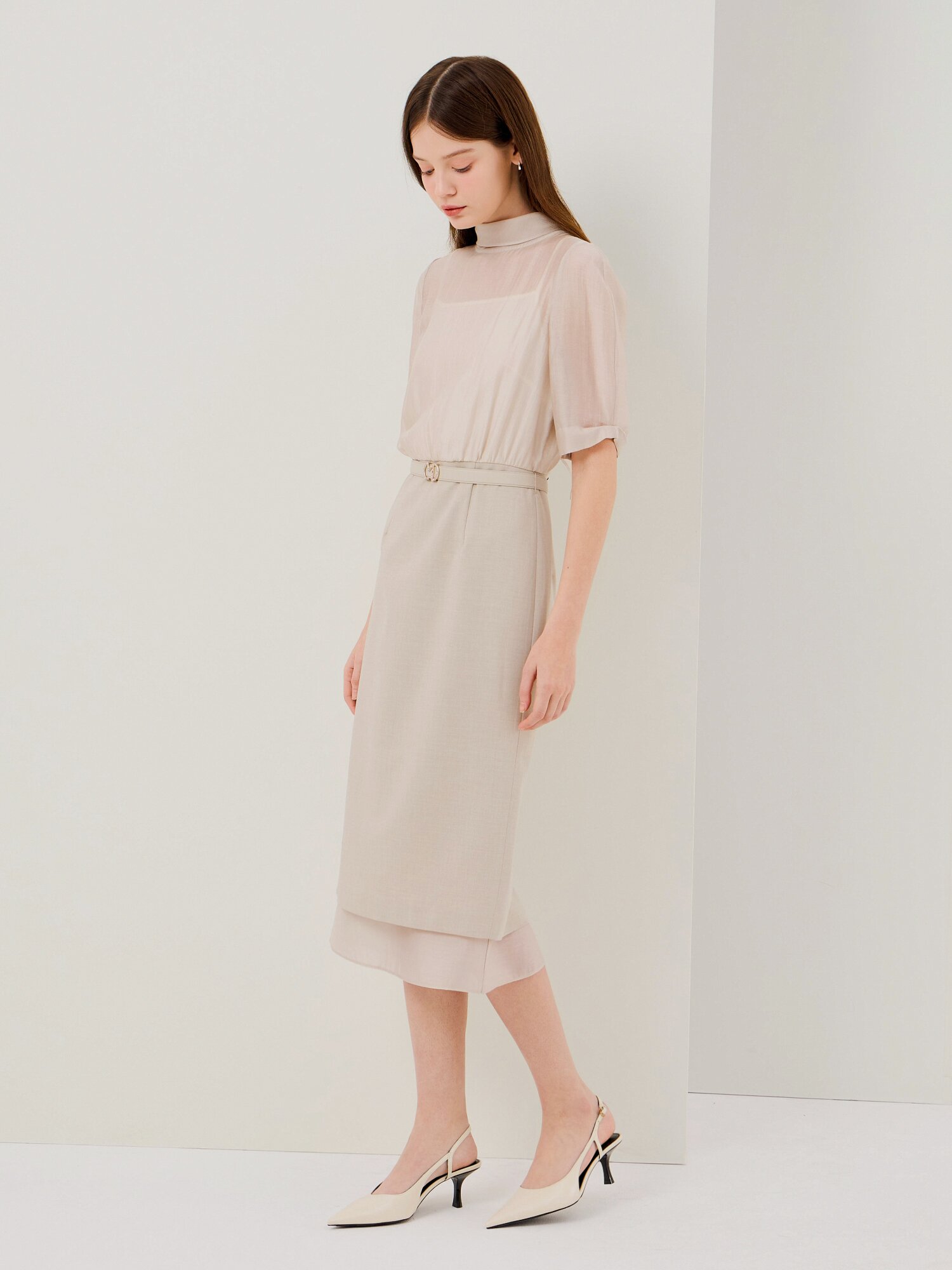 시스루 배색 H라인 원피스 (MELANGE GREY)