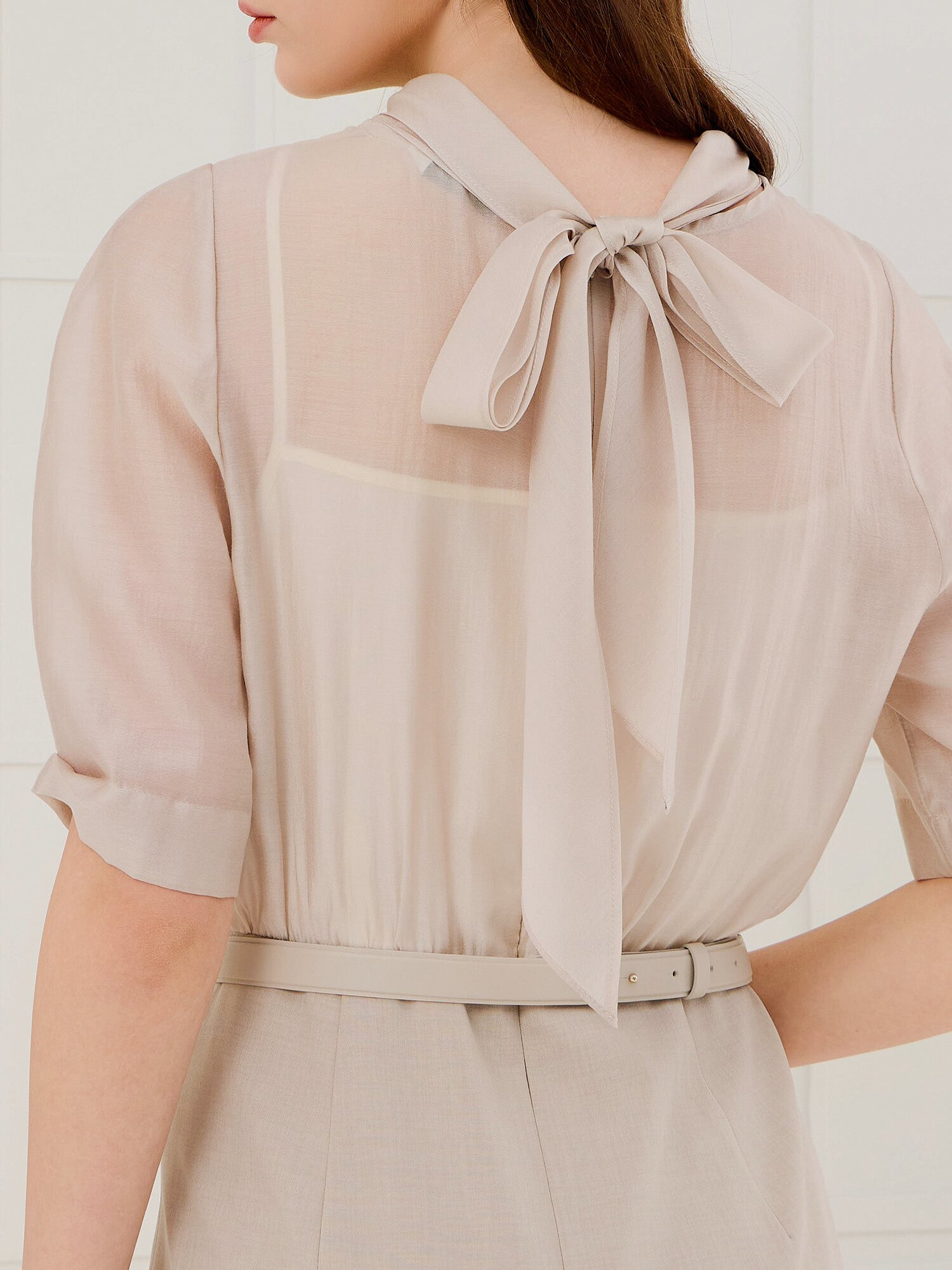 시스루 배색 H라인 원피스 (MELANGE GREY)