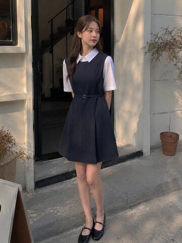 셔츠 배색 A라인 미니 원피스 