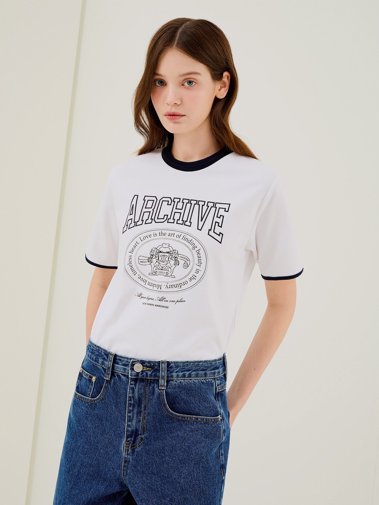 프린트 배색 라운드넥 티셔츠 (WHITE)