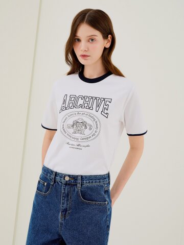 프린트 배색 라운드넥 티셔츠 